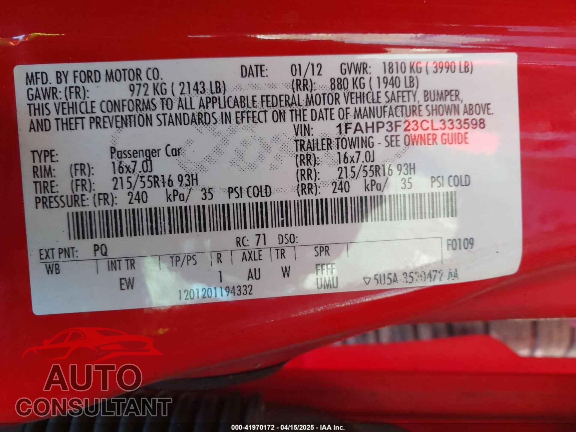 FORD FOCUS 2012 - 1FAHP3F23CL333598
