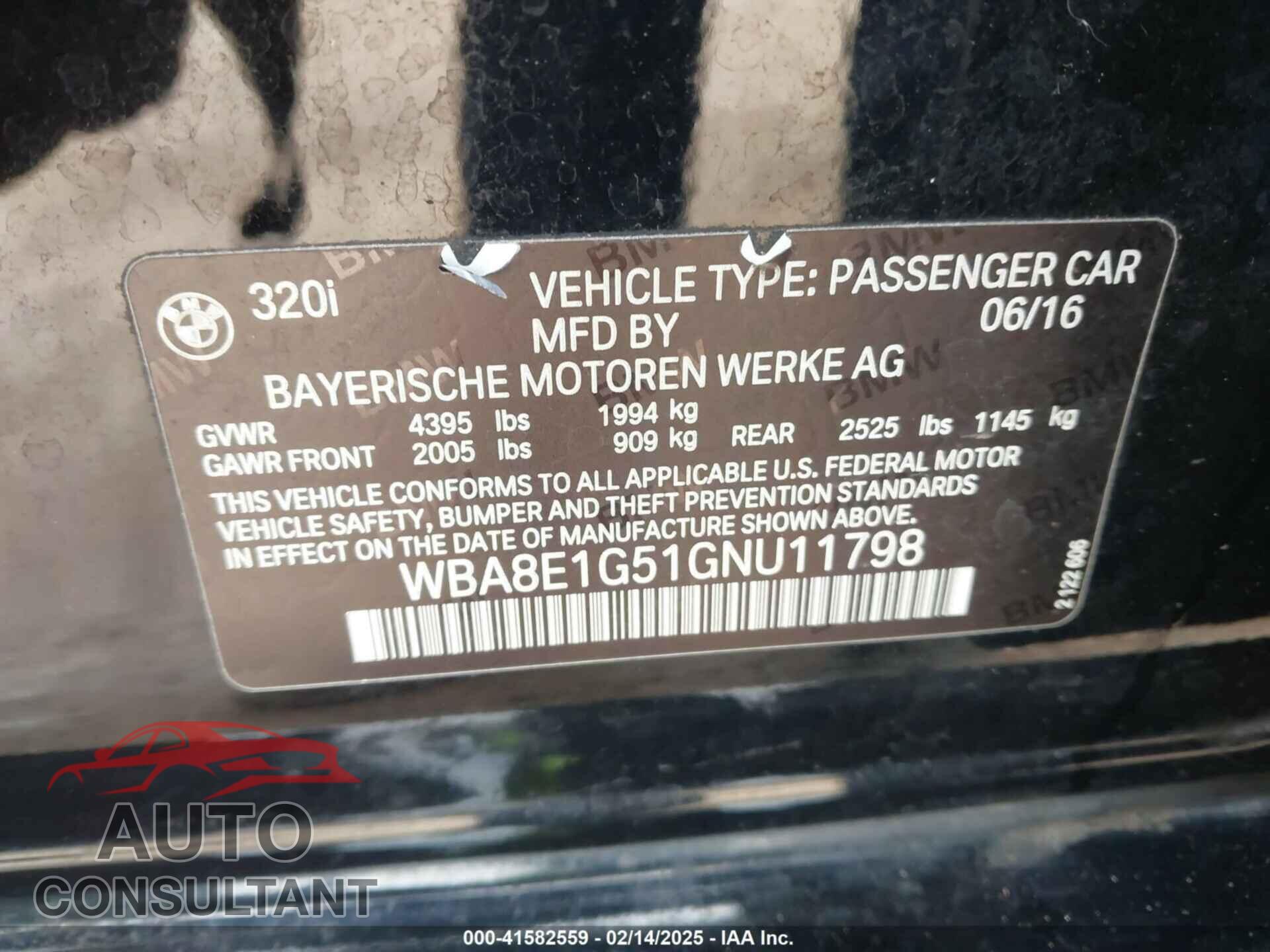 BMW 320I 2016 - WBA8E1G51GNU11798