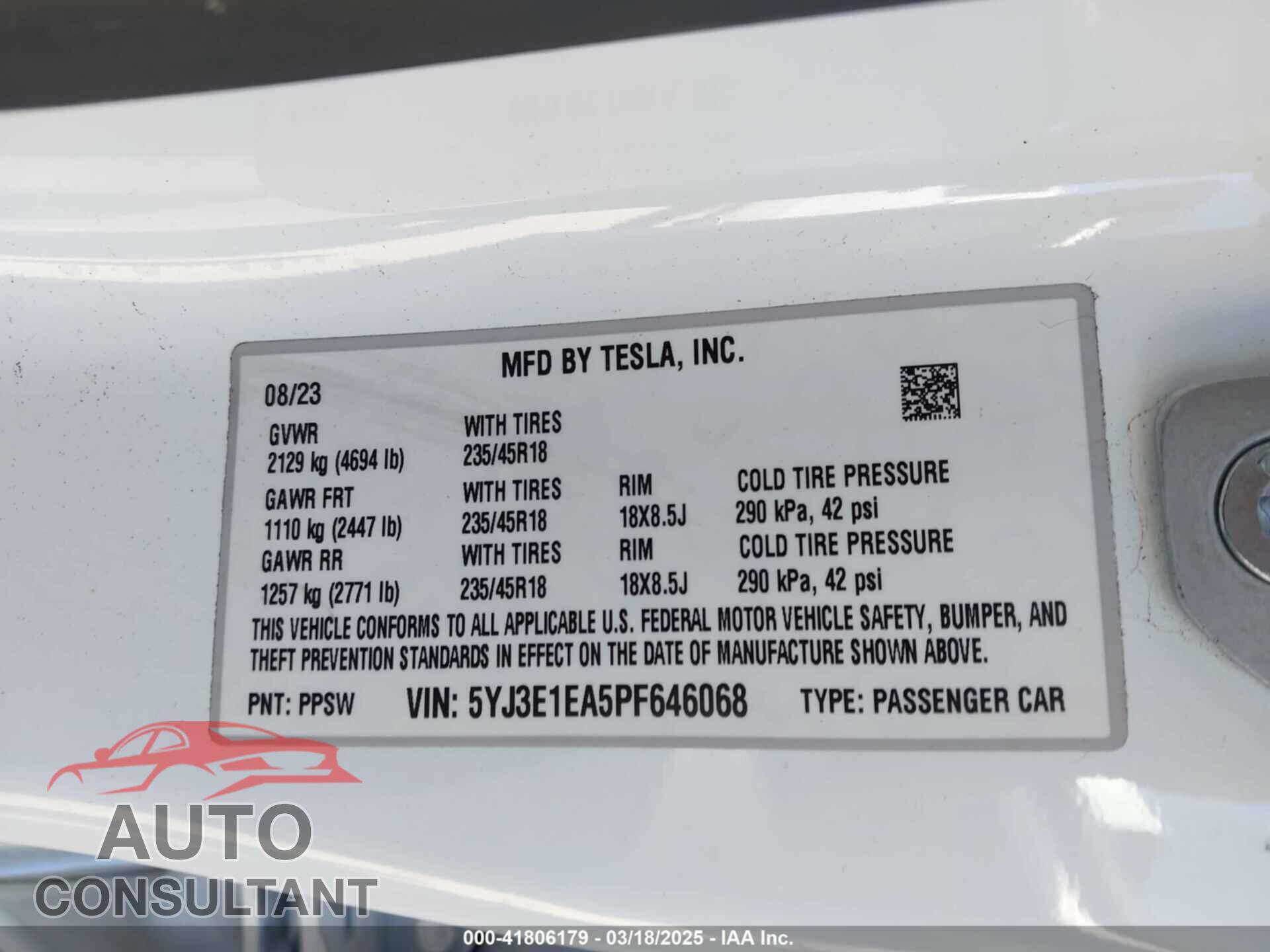 TESLA MODEL 3 2023 - 5YJ3E1EA5PF646068