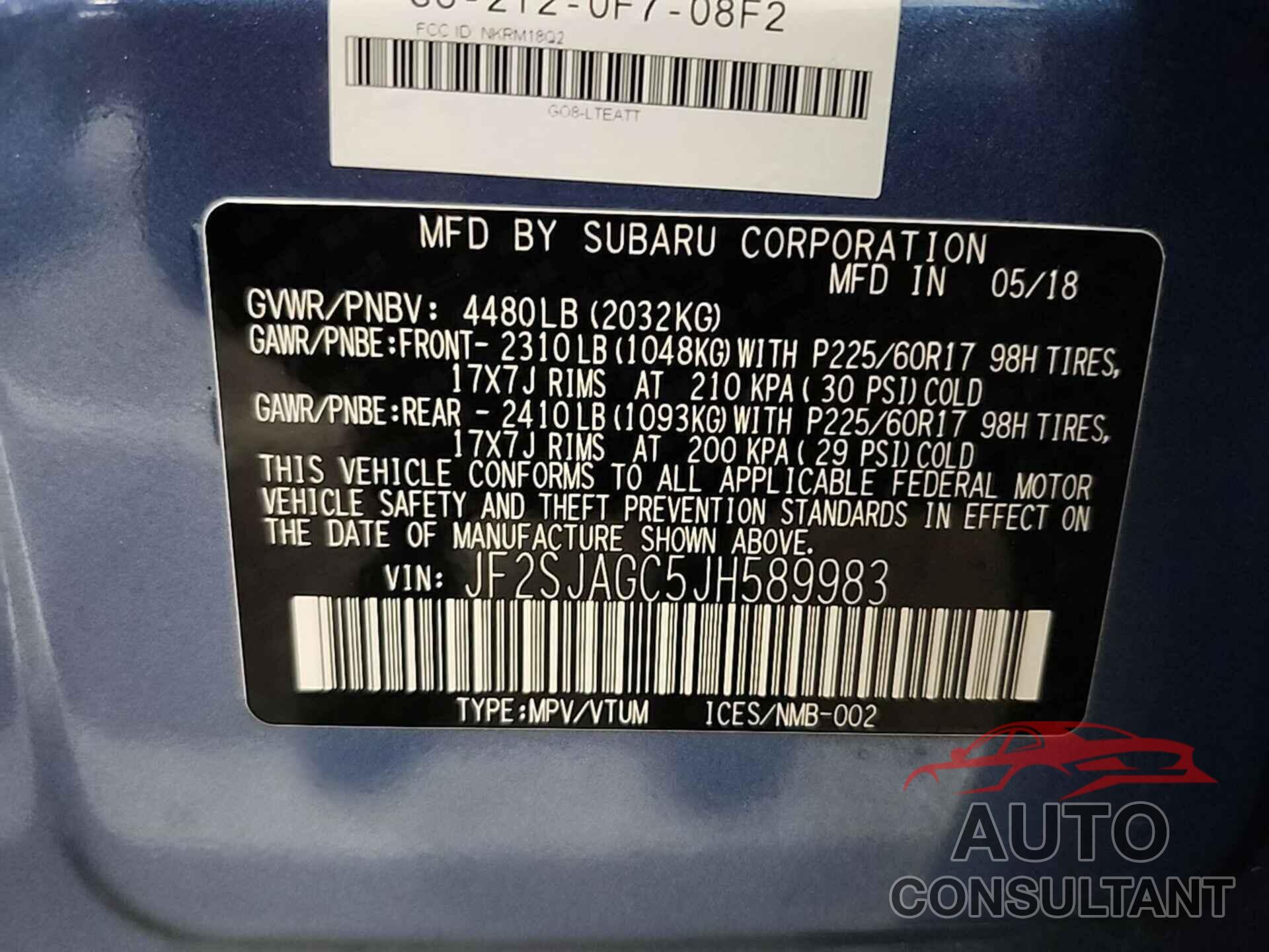 SUBARU FORESTER 2018 - JF2SJAGC5JH589983