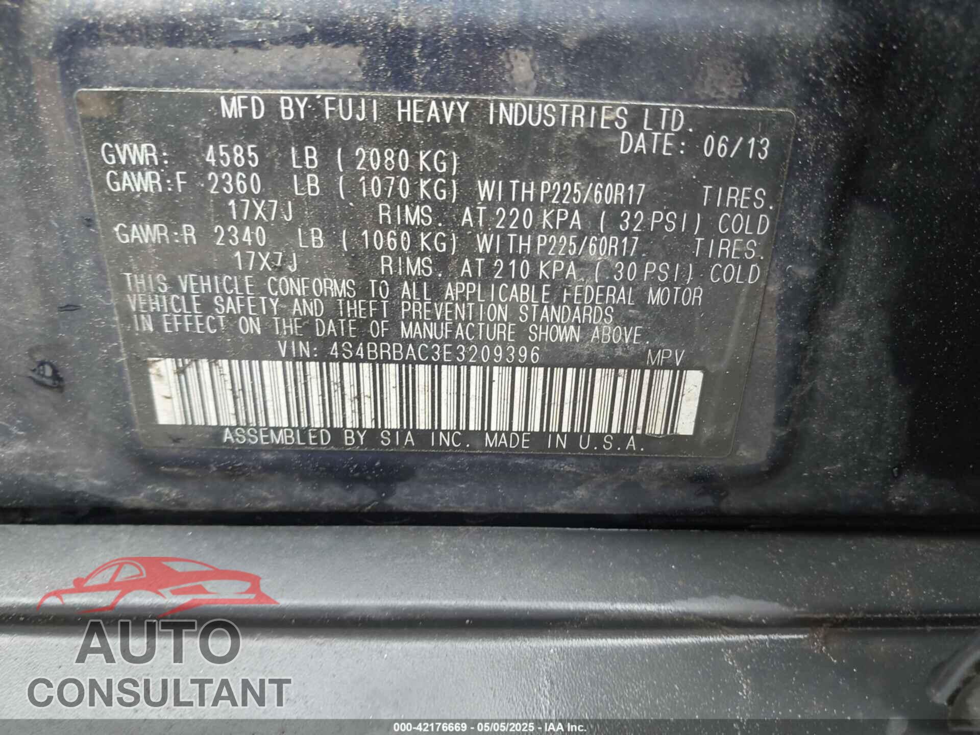 SUBARU OUTBACK 2014 - 4S4BRBAC3E3209396