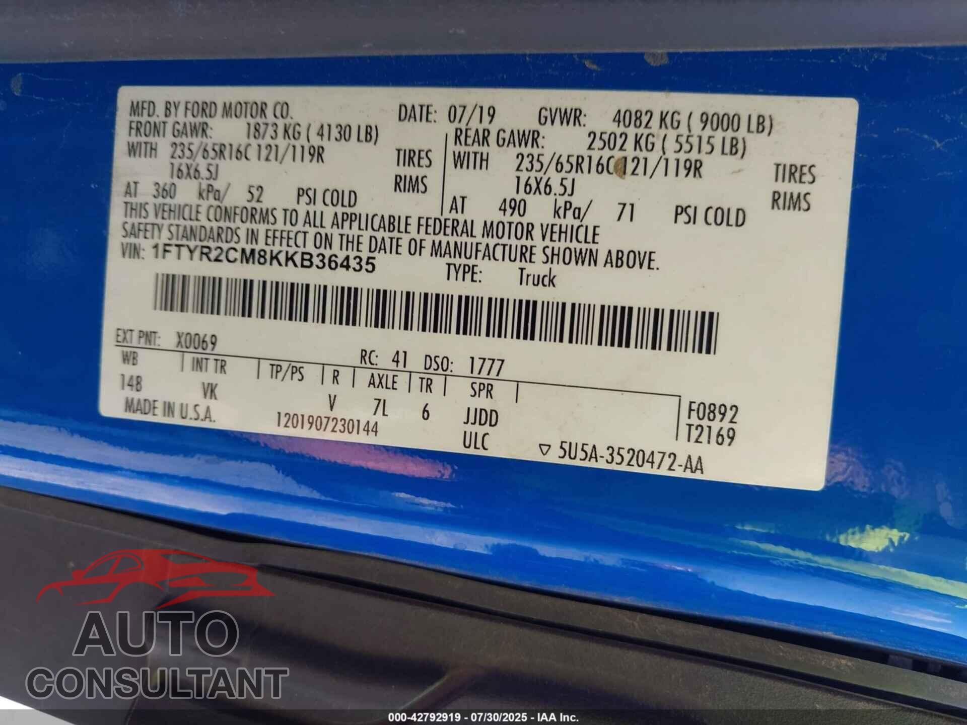 FORD TRANSIT-250 2019 - 1FTYR2CM8KKB36435