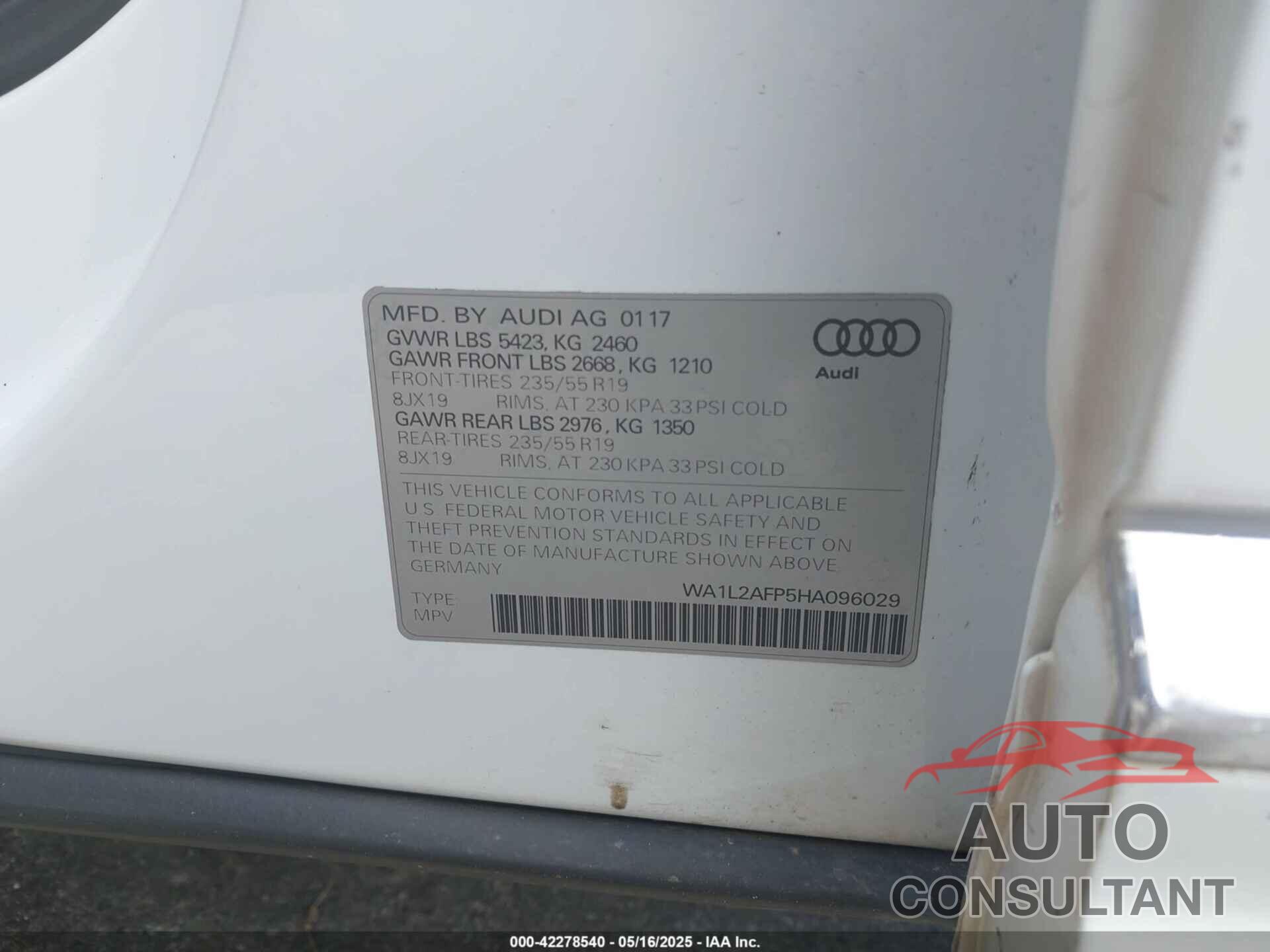 AUDI Q5 2017 - WA1L2AFP5HA096029