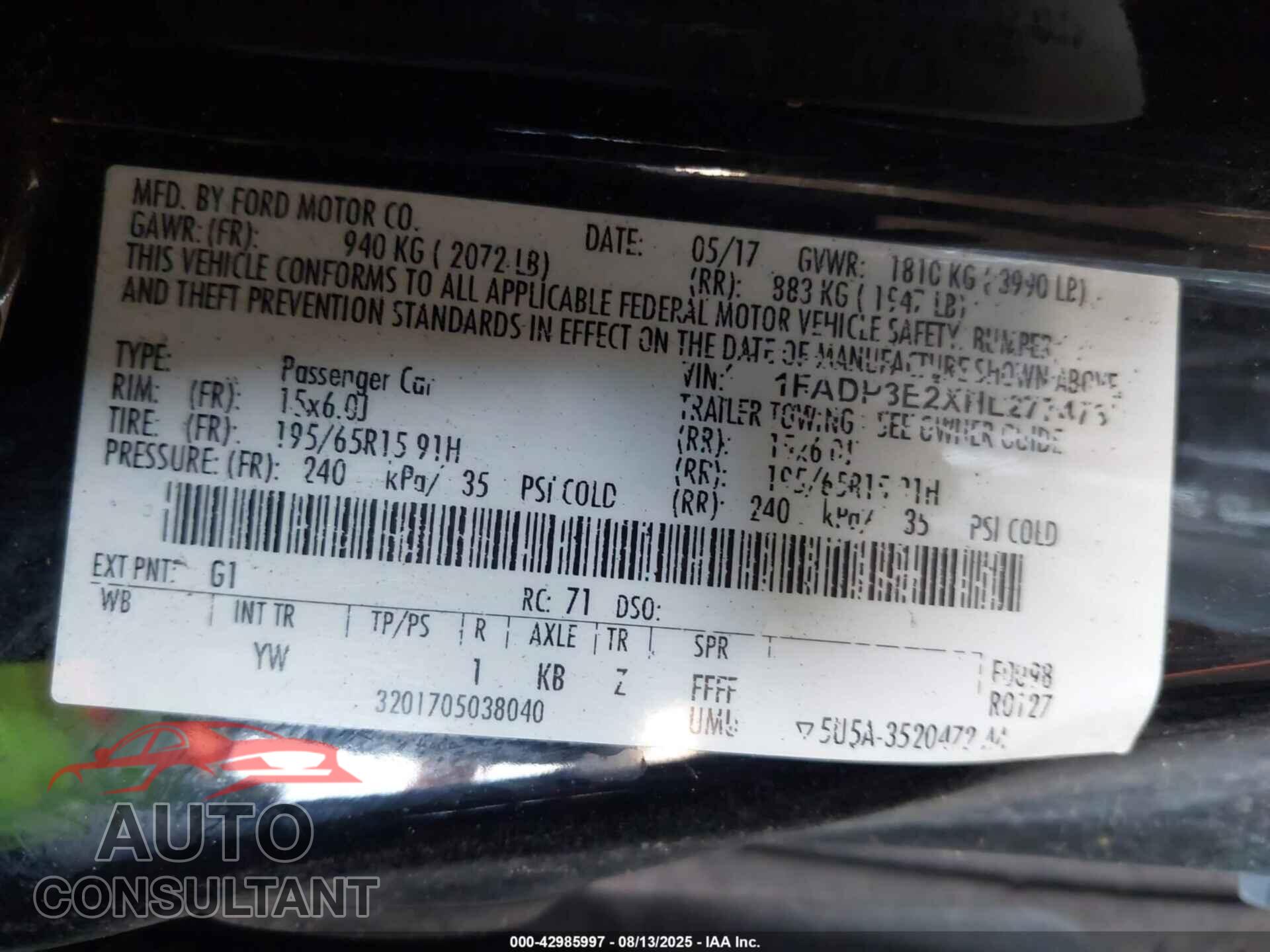 FORD FOCUS 2017 - 1FADP3E2XHL277473