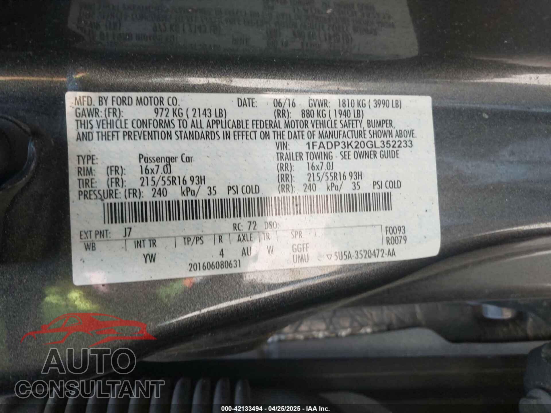 FORD FOCUS 2016 - 1FADP3K20GL352233