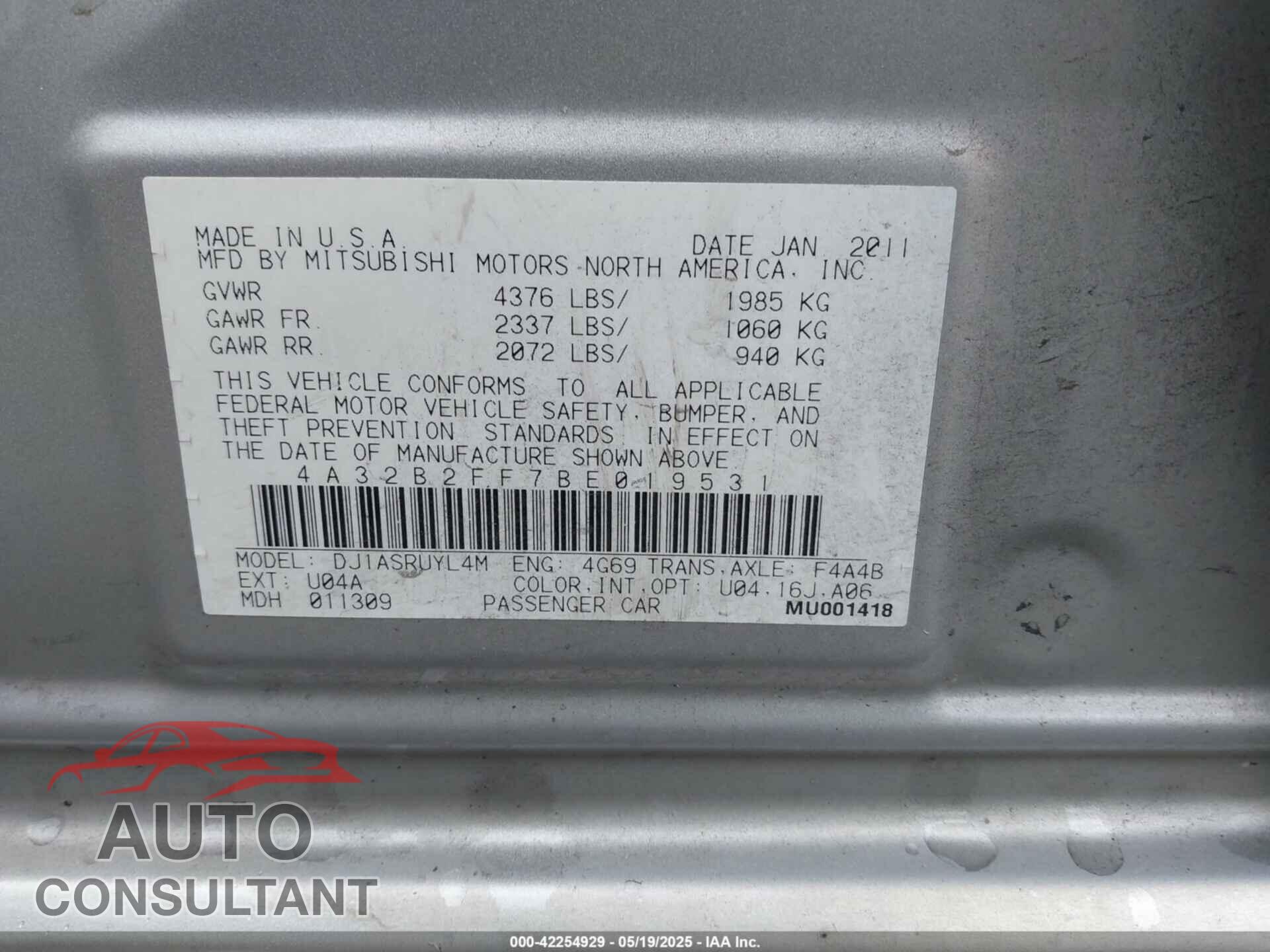 MITSUBISHI GALANT 2011 - 4A32B2FF7BE019531