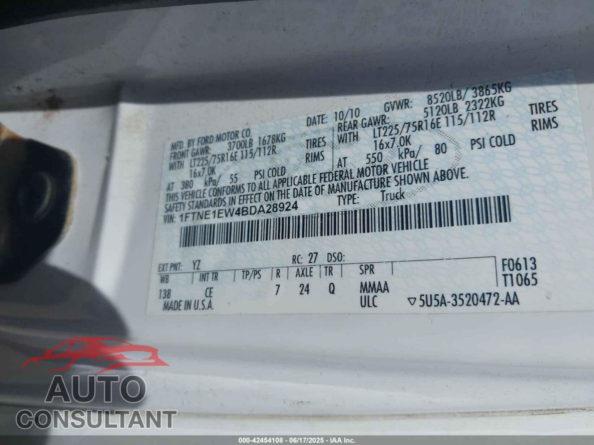 FORD E-150 2011 - 1FTNE1EW4BDA28924