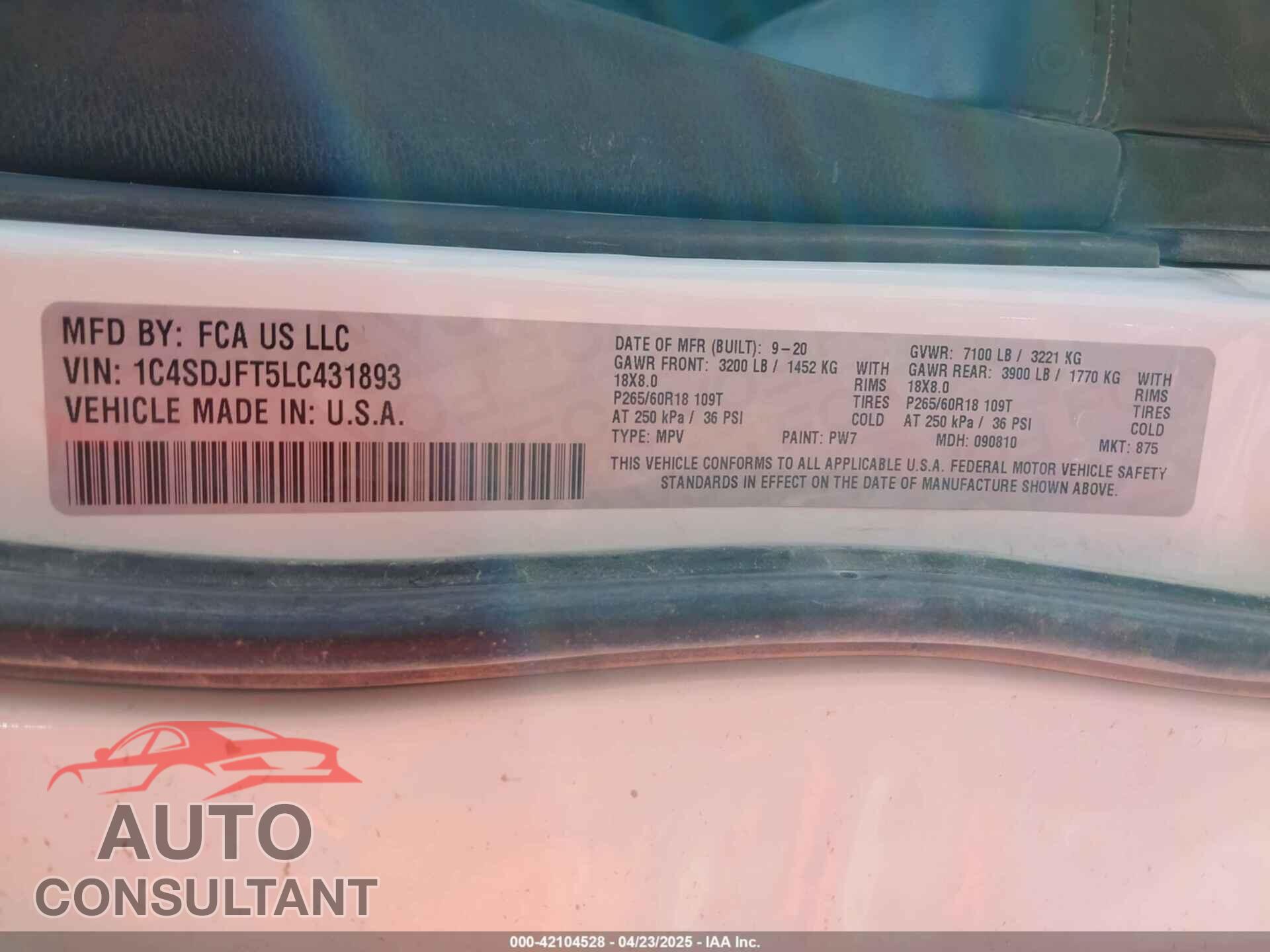 DODGE DURANGO 2020 - 1C4SDJFT5LC431893