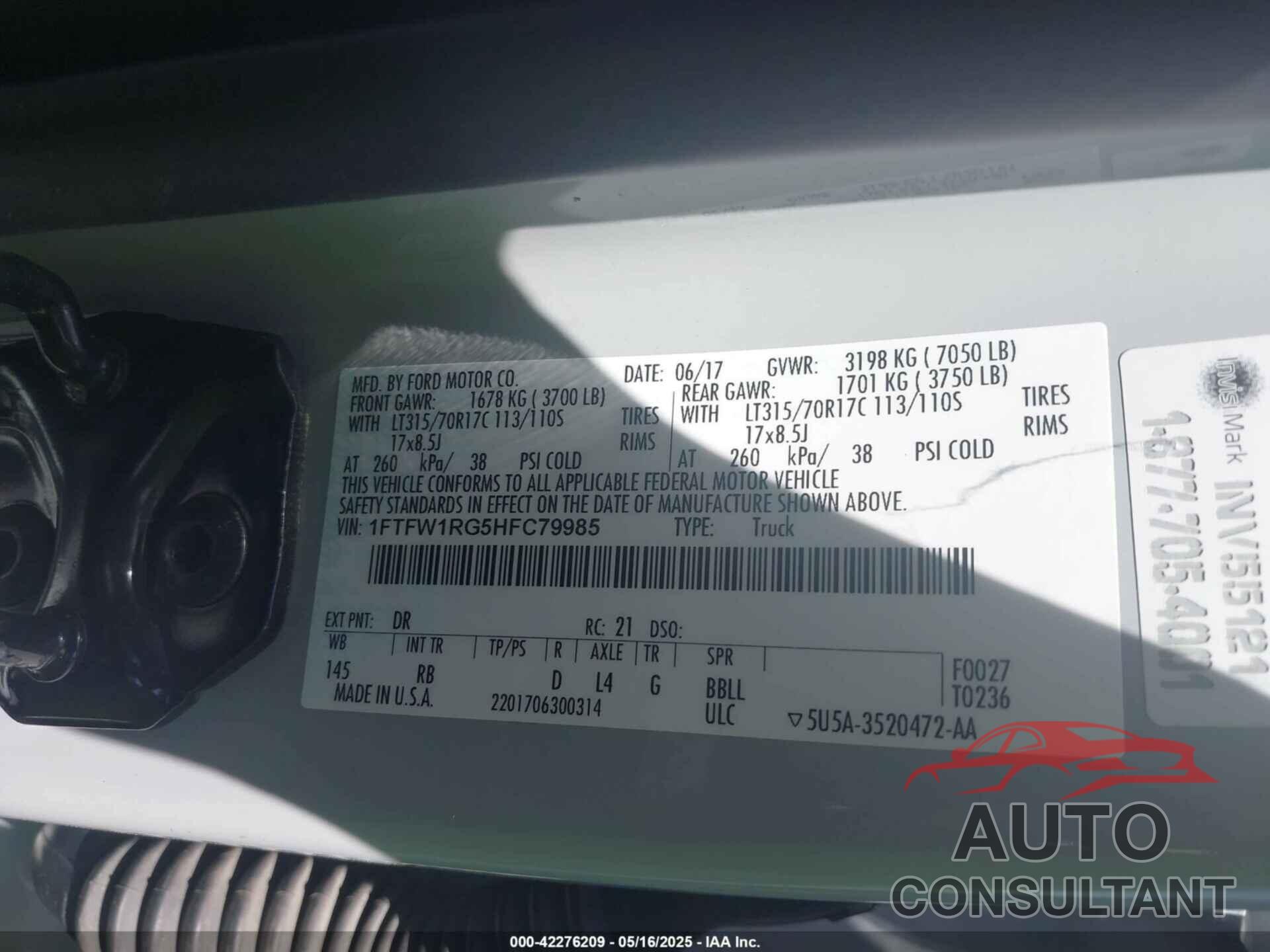 FORD F-150 2017 - 1FTFW1RG5HFC79985