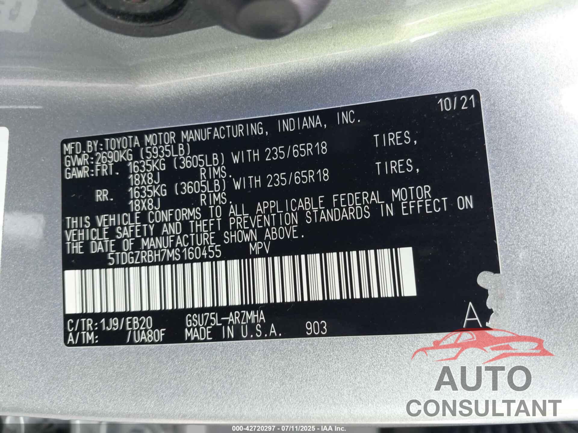 TOYOTA HIGHLANDER 2021 - 5TDGZRBH7MS160455