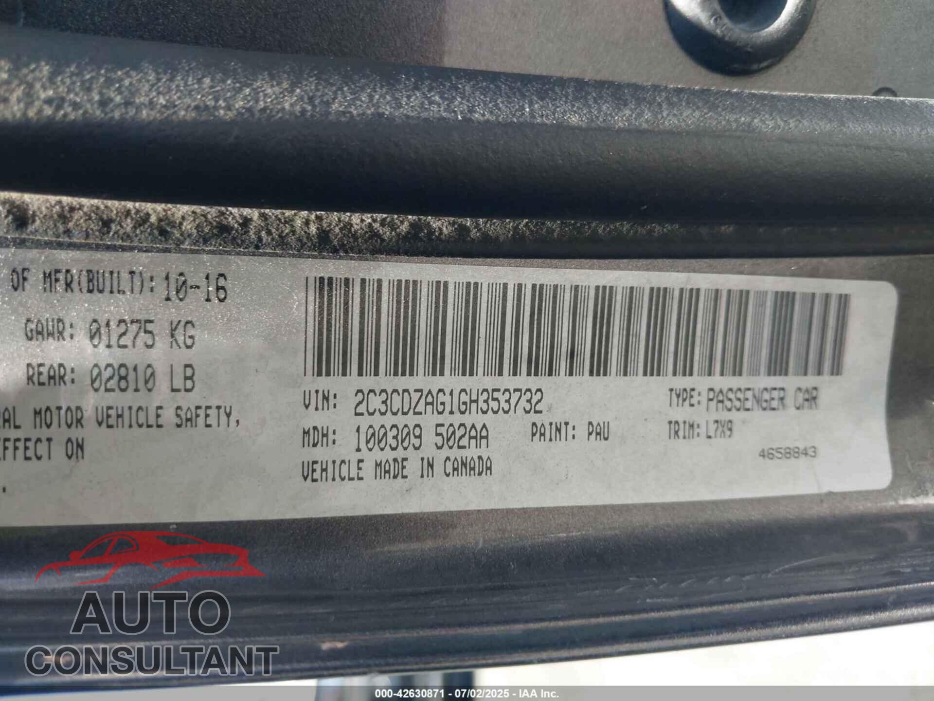 DODGE CHALLENGER 2016 - 2C3CDZAG1GH353732