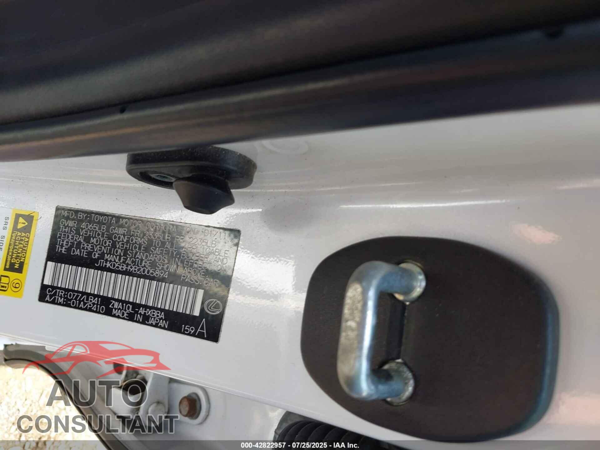 LEXUS CT 200H 2011 - JTHKD5BH9B2005894