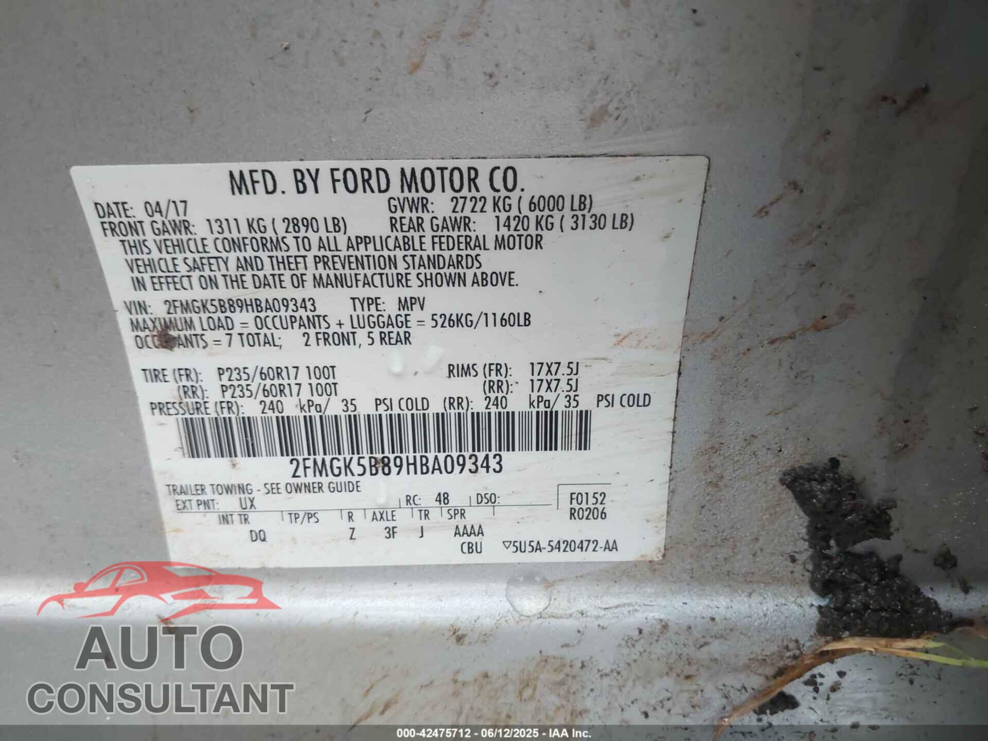 FORD FLEX 2017 - 2FMGK5B89HBA09343