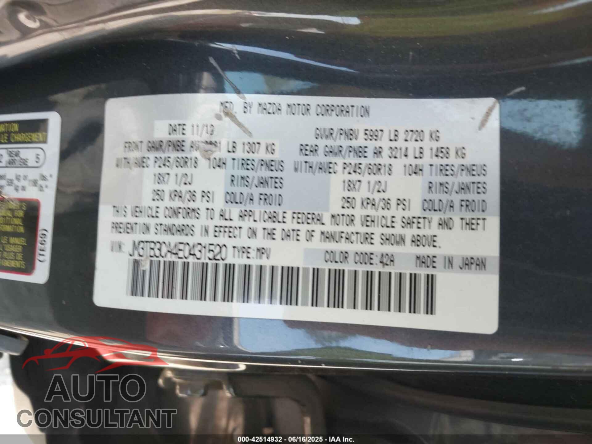 MAZDA CX-9 2014 - JM3TB3CA4E0431520