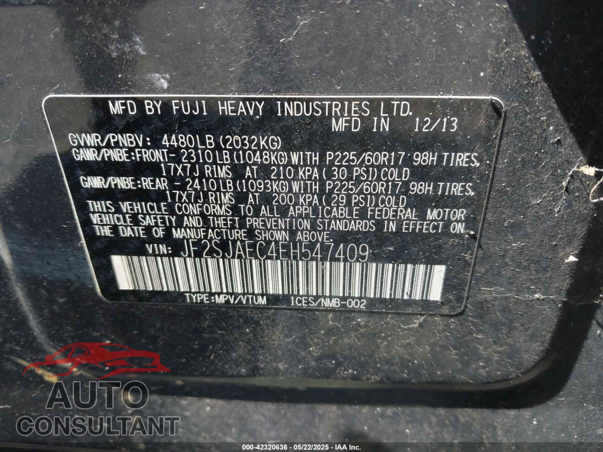 SUBARU FORESTER 2014 - JF2SJAEC4EH547409