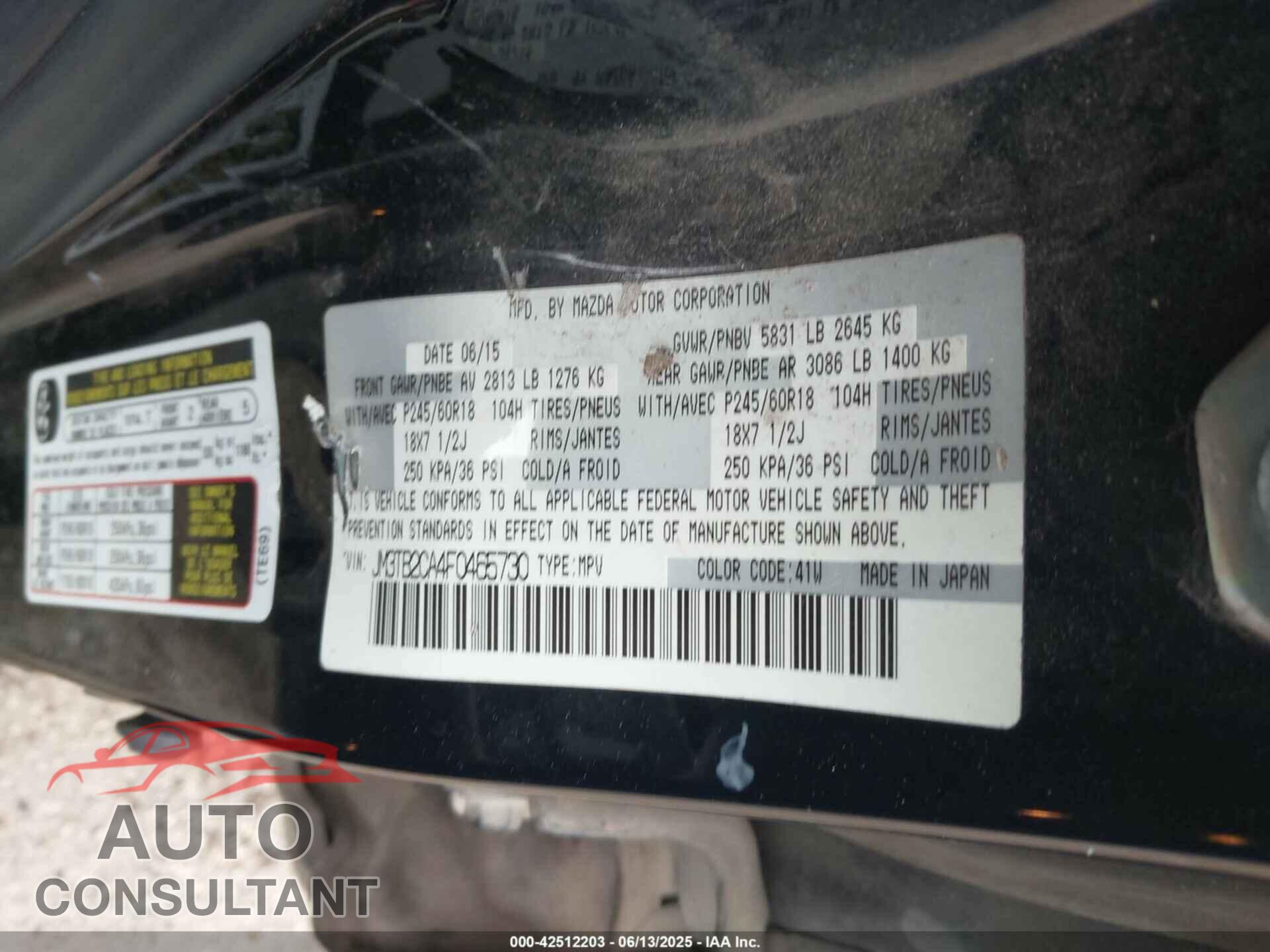 MAZDA CX-9 2015 - JM3TB2CA4F0465730