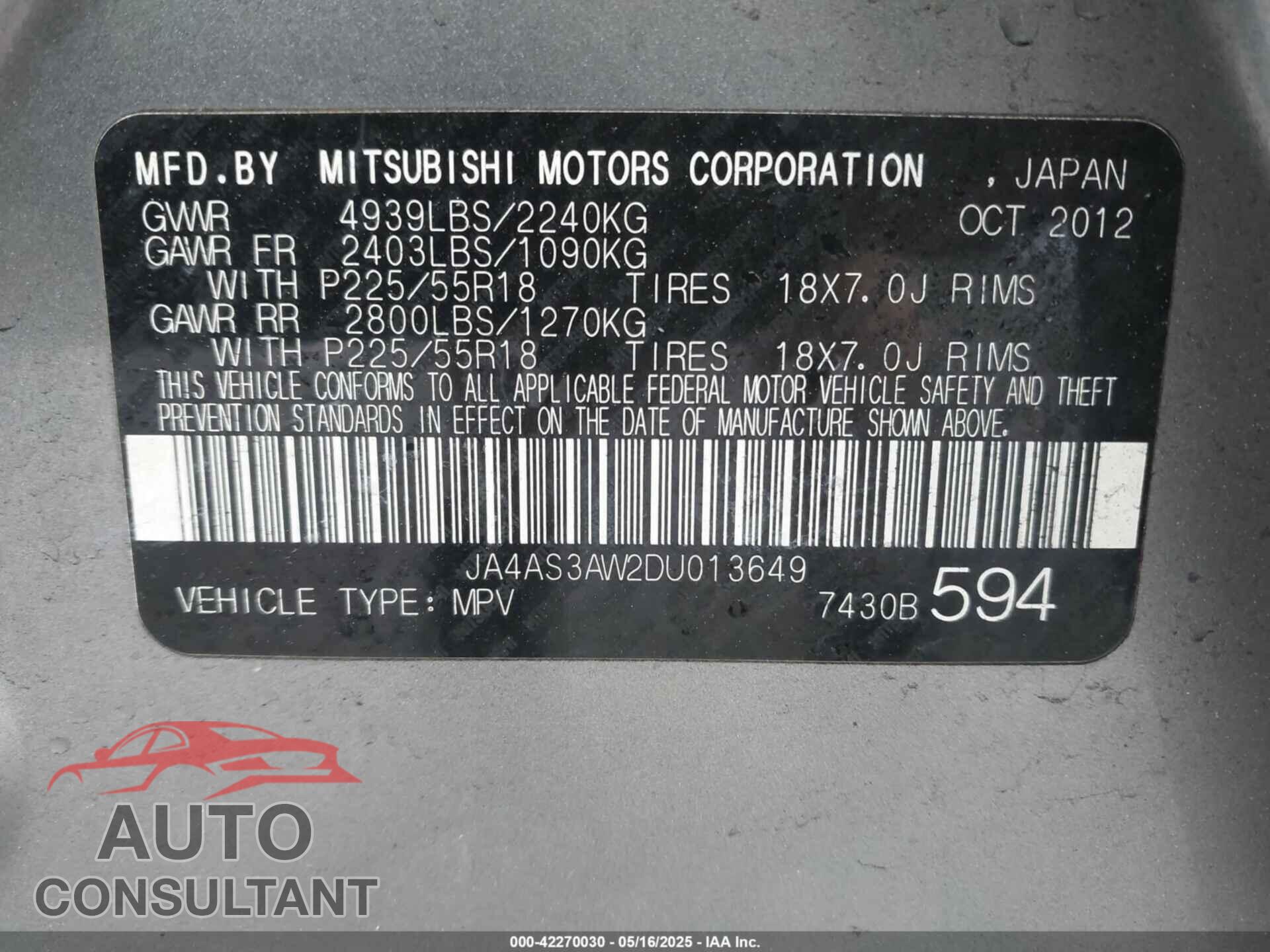 MITSUBISHI OUTLANDER 2013 - JA4AS3AW2DU013649
