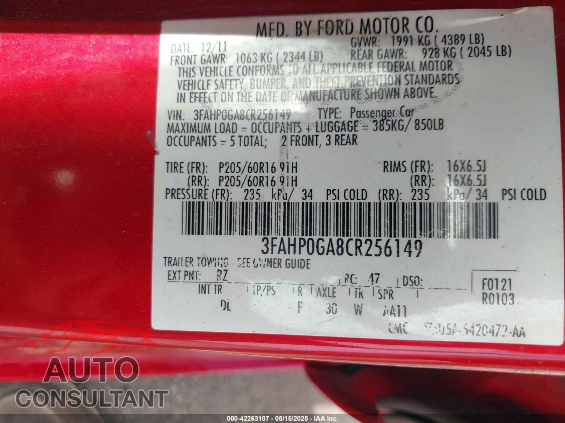 FORD FUSION 2012 - 3FAHP0GA8CR256149
