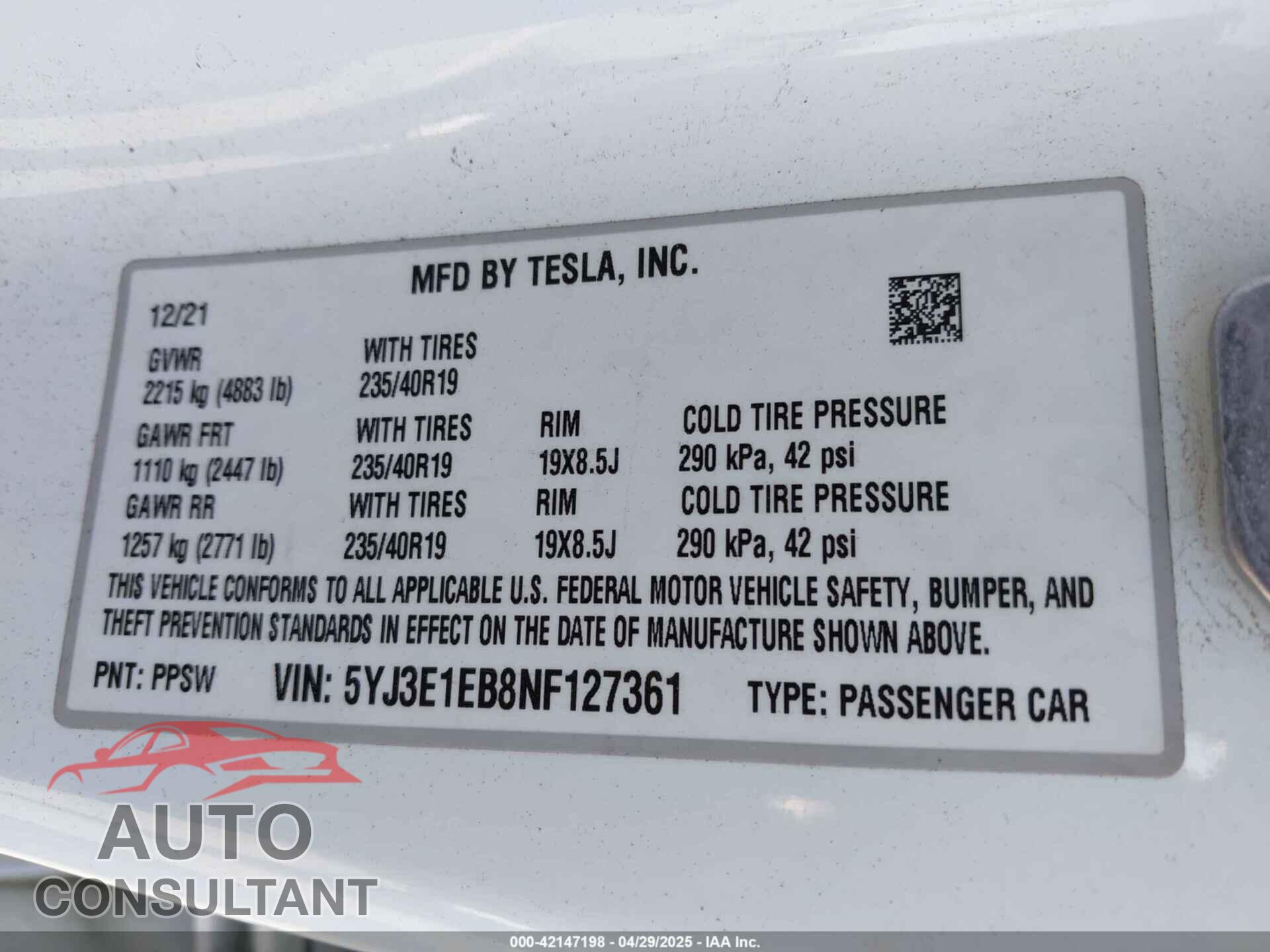 TESLA MODEL 3 2022 - 5YJ3E1EB8NF127361