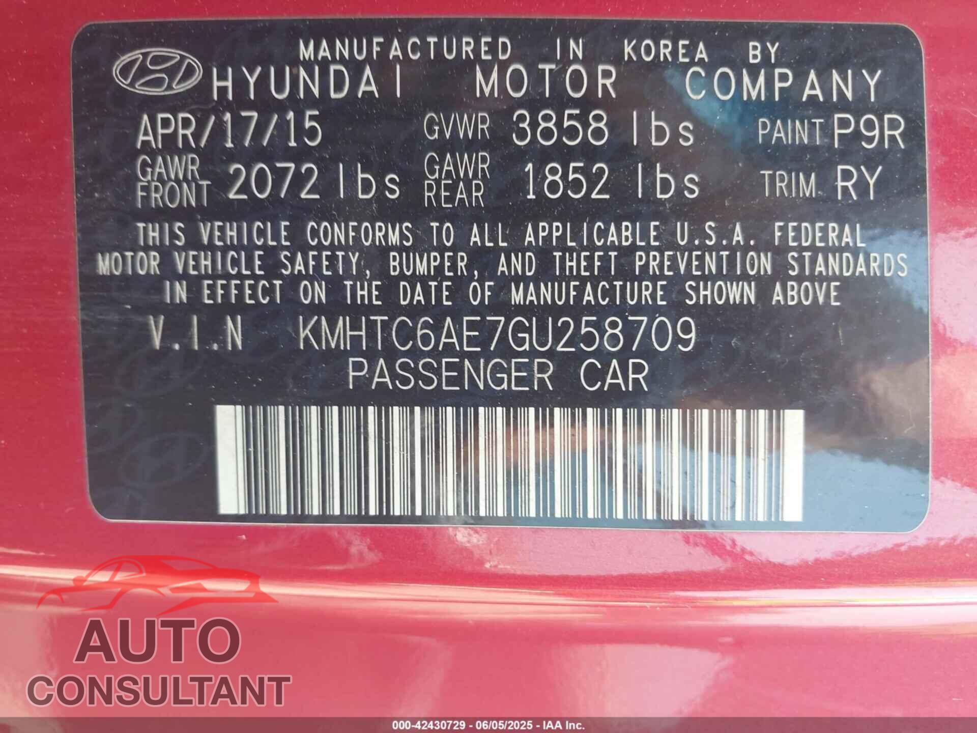 HYUNDAI VELOSTER 2016 - KMHTC6AE7GU258709