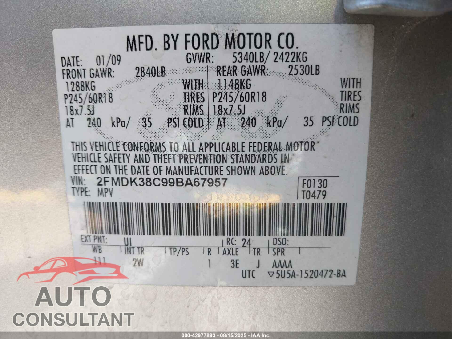 FORD EDGE 2009 - 2FMDK38C99BA67957