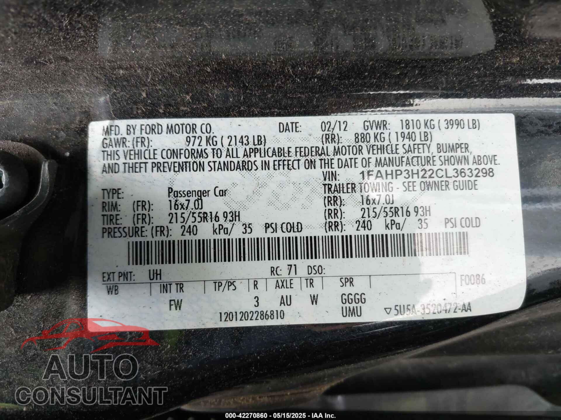 FORD FOCUS 2012 - 1FAHP3H22CL363298