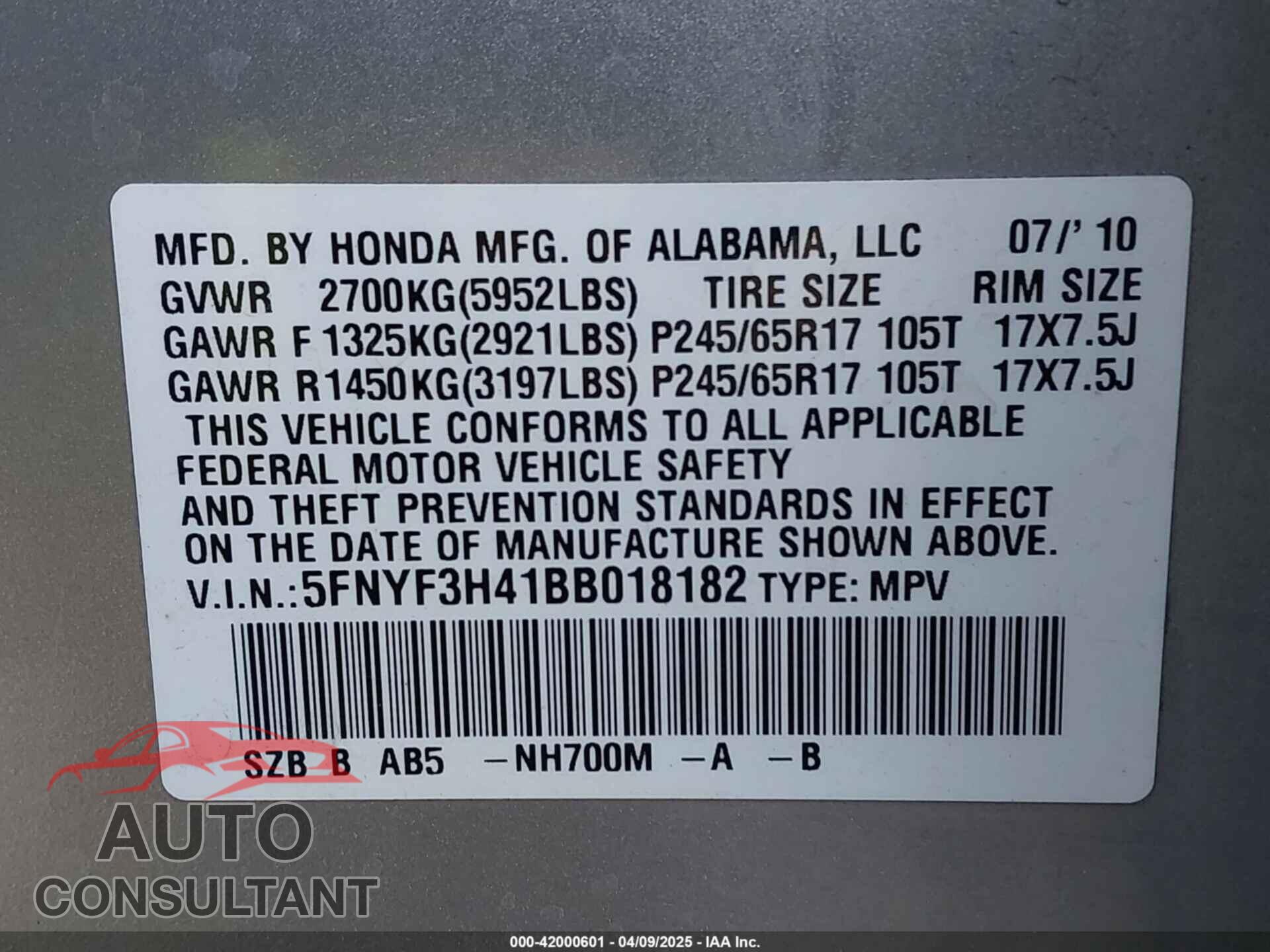 HONDA PILOT 2011 - 5FNYF3H41BB018182