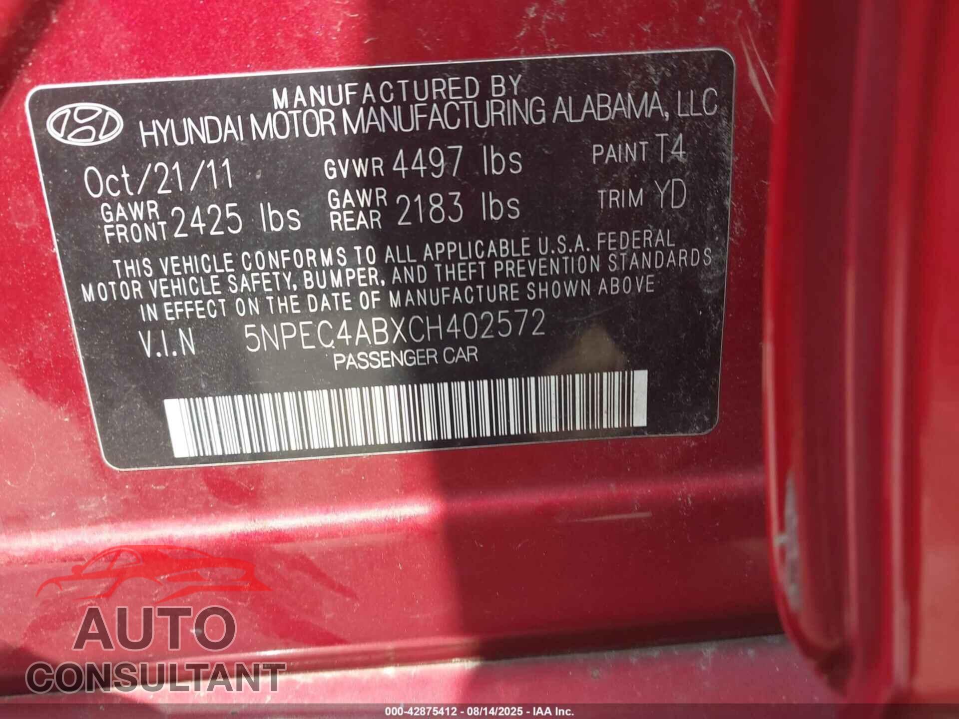 HYUNDAI SONATA 2012 - 5NPEC4ABXCH402572