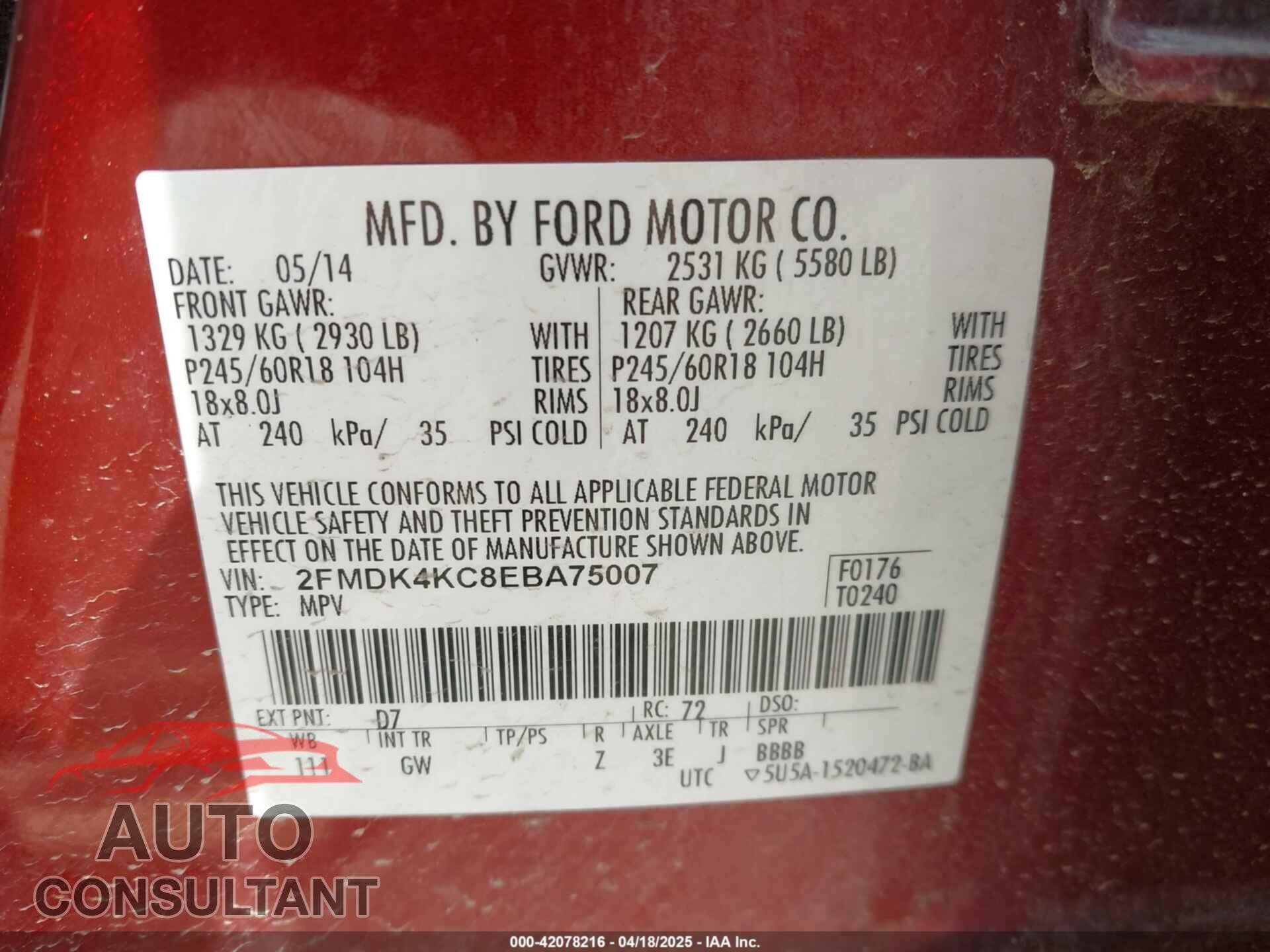 FORD EDGE 2014 - 2FMDK4KC8EBA75007
