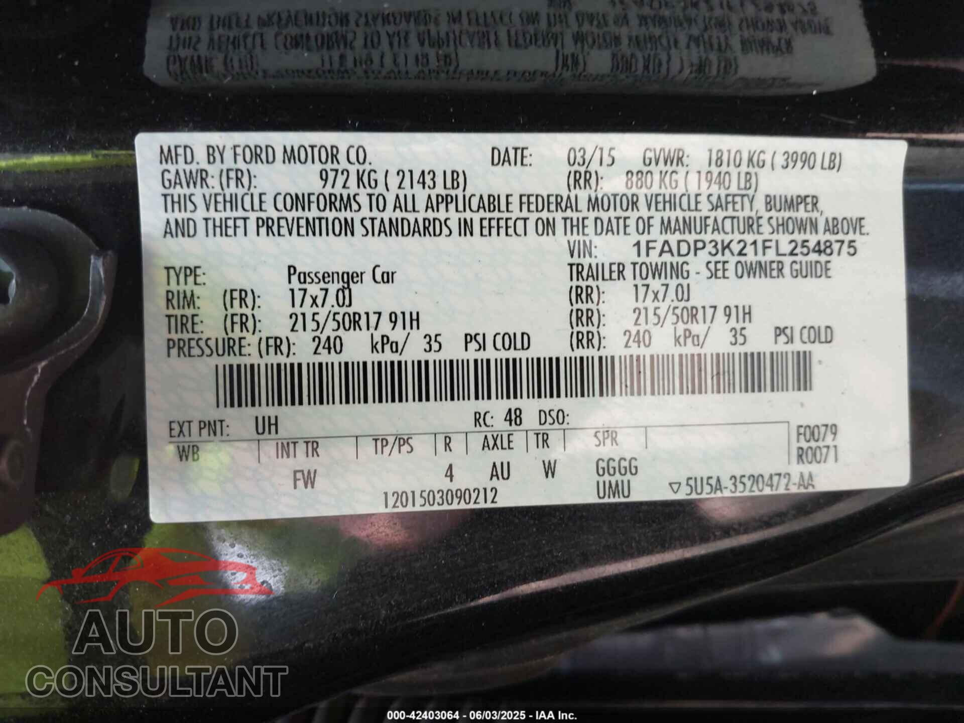 FORD FOCUS 2015 - 1FADP3K21FL254875
