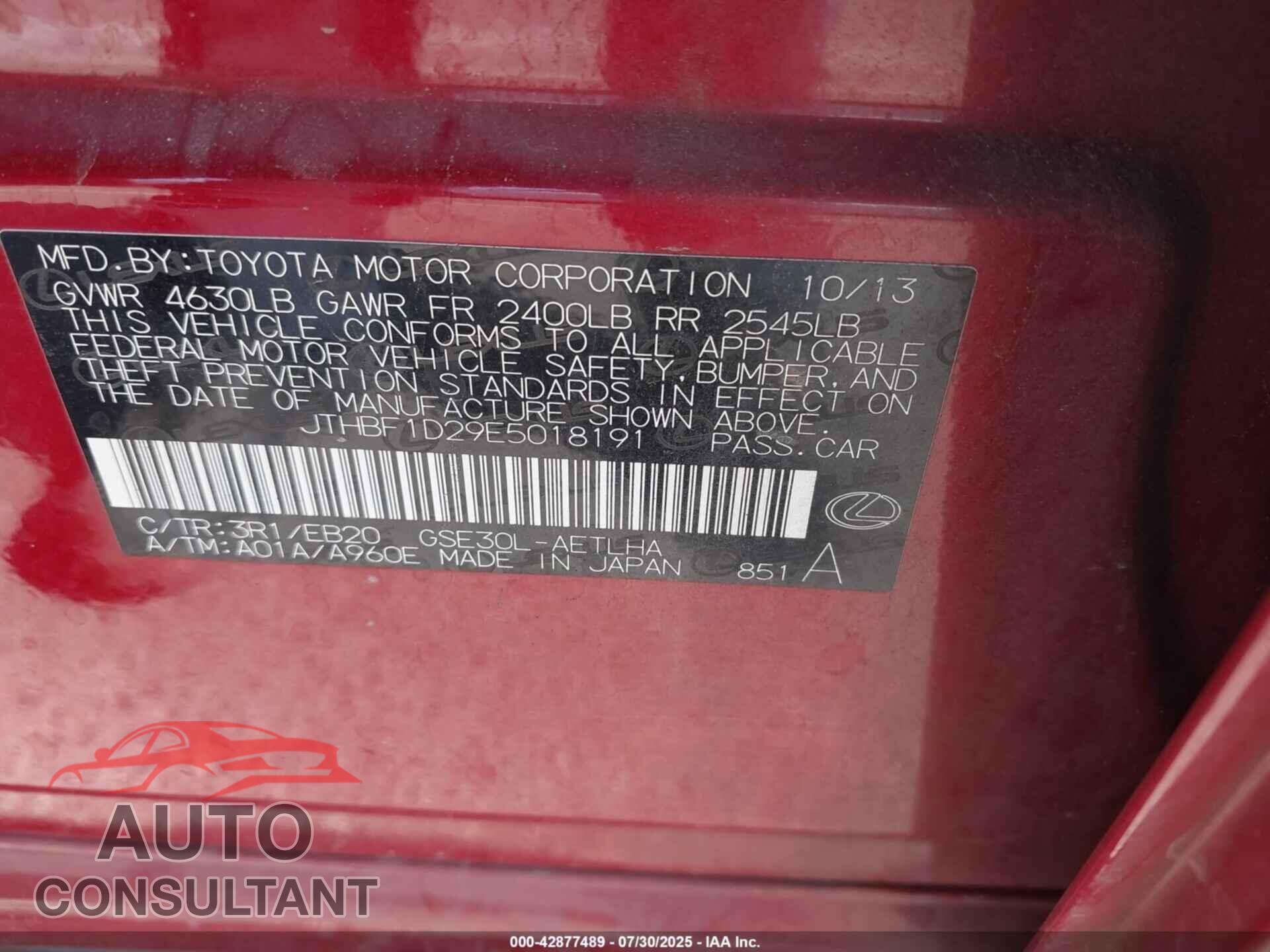 LEXUS IS 250 2014 - JTHBF1D29E5018191