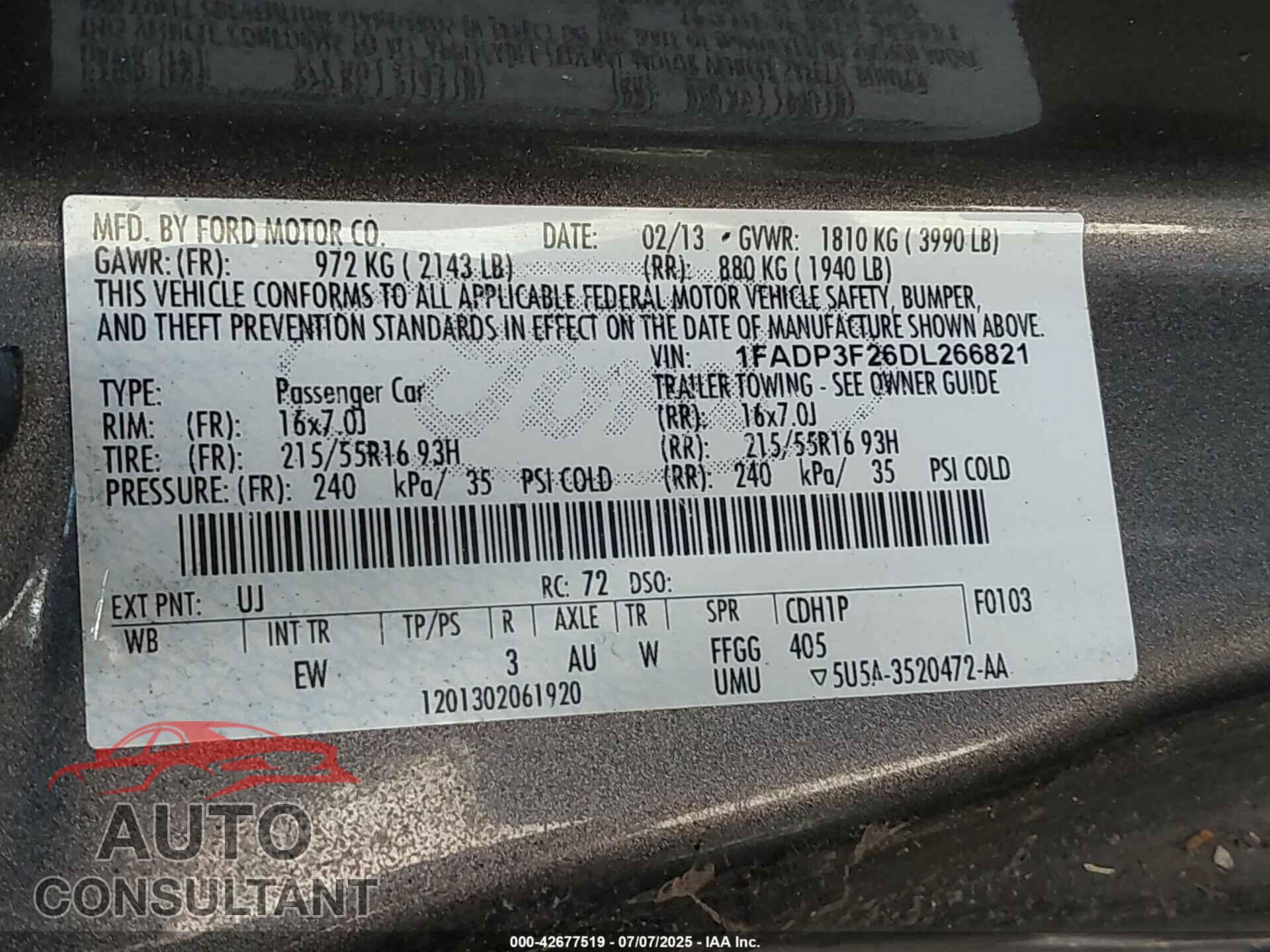 FORD FOCUS 2013 - 1FADP3F26DL266821