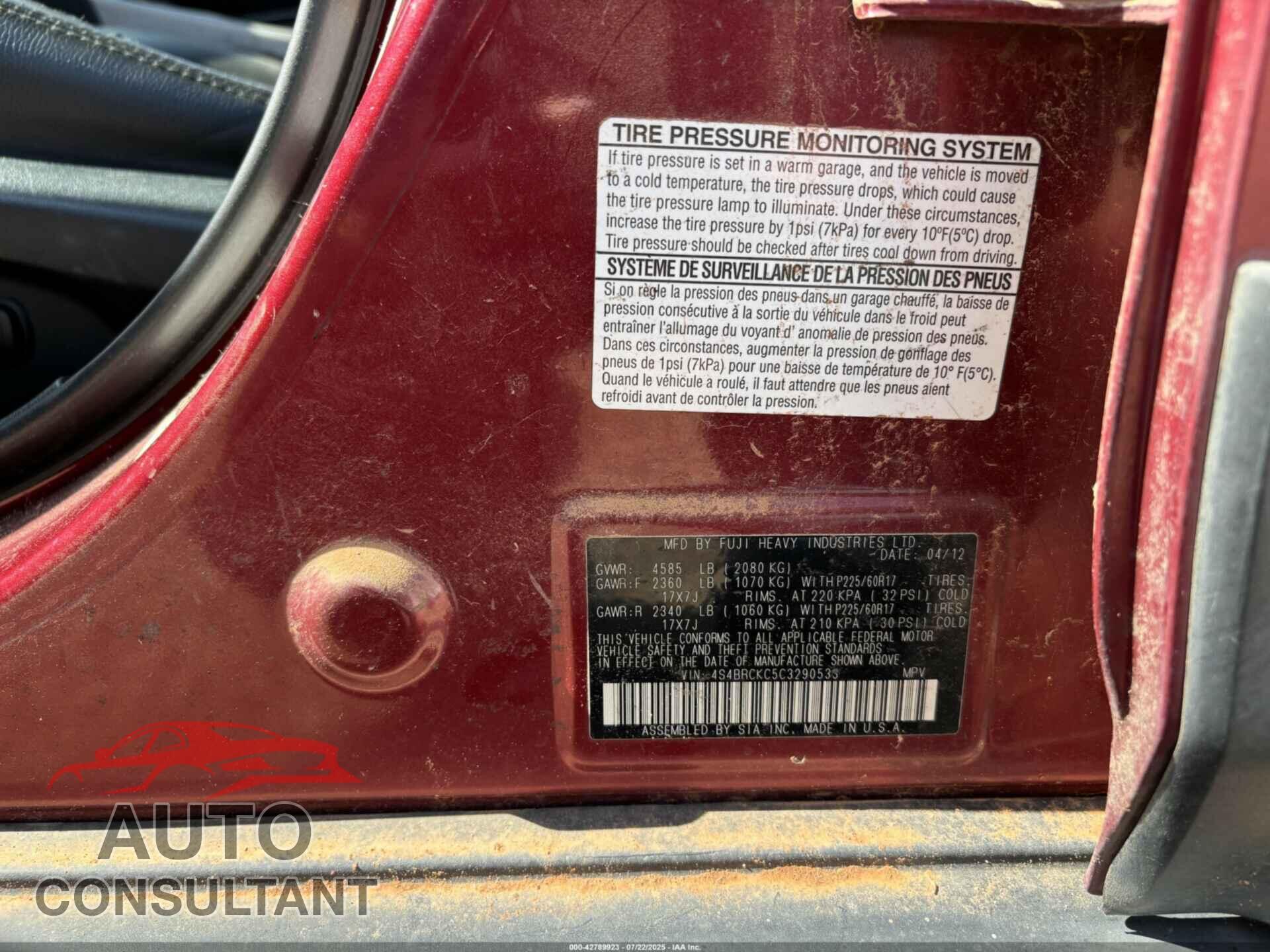 SUBARU OUTBACK 2012 - 4S4BRCKC5C3290533