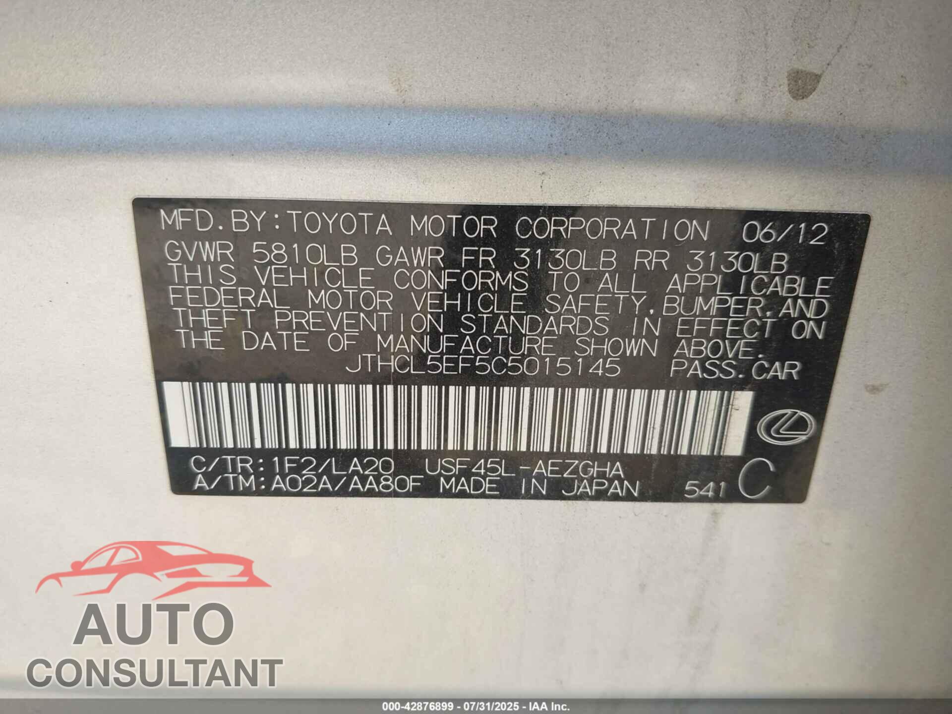 LEXUS LS 460 2012 - JTHCL5EF5C5015145