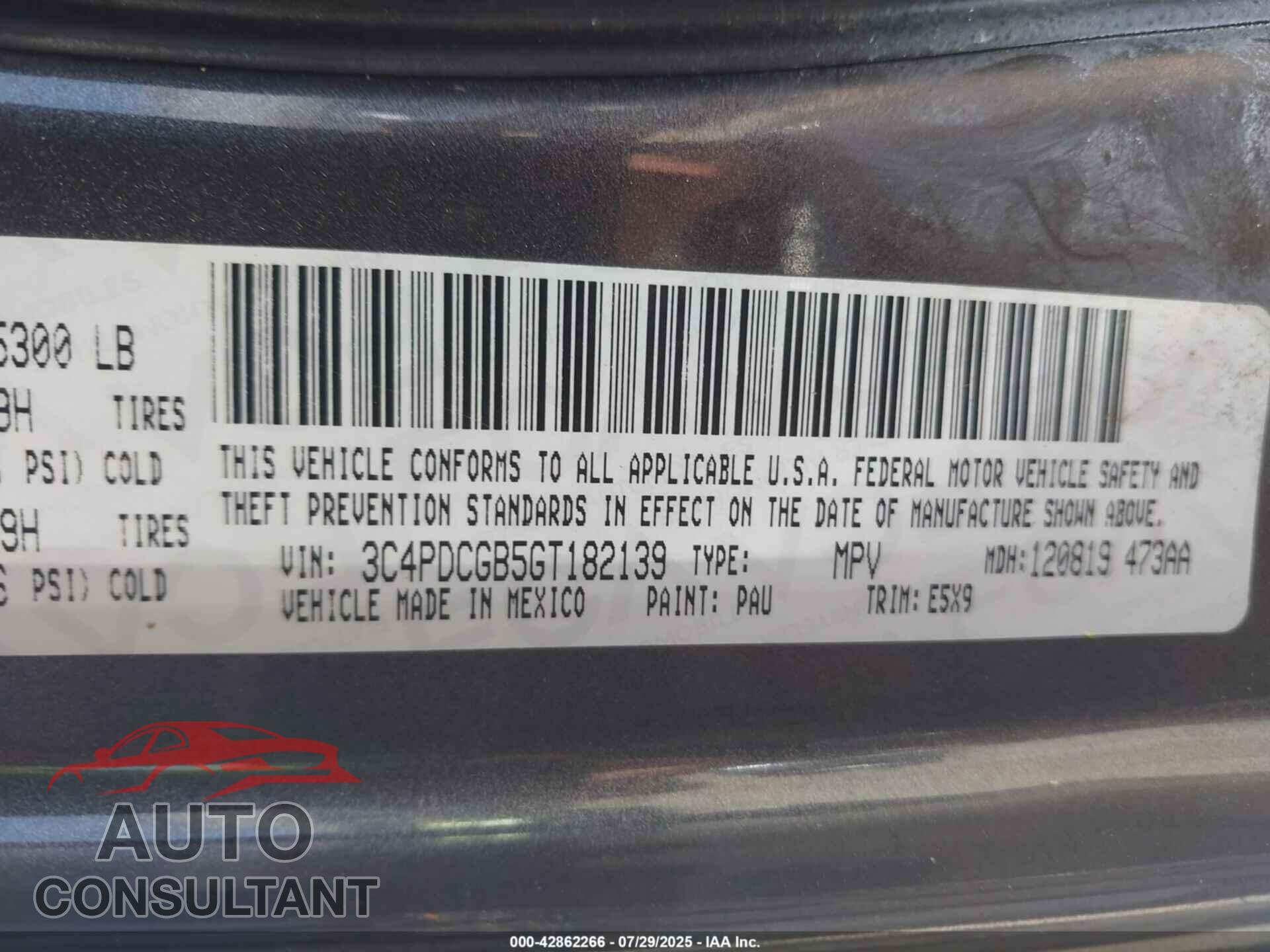 DODGE JOURNEY 2016 - 3C4PDCGB5GT182139