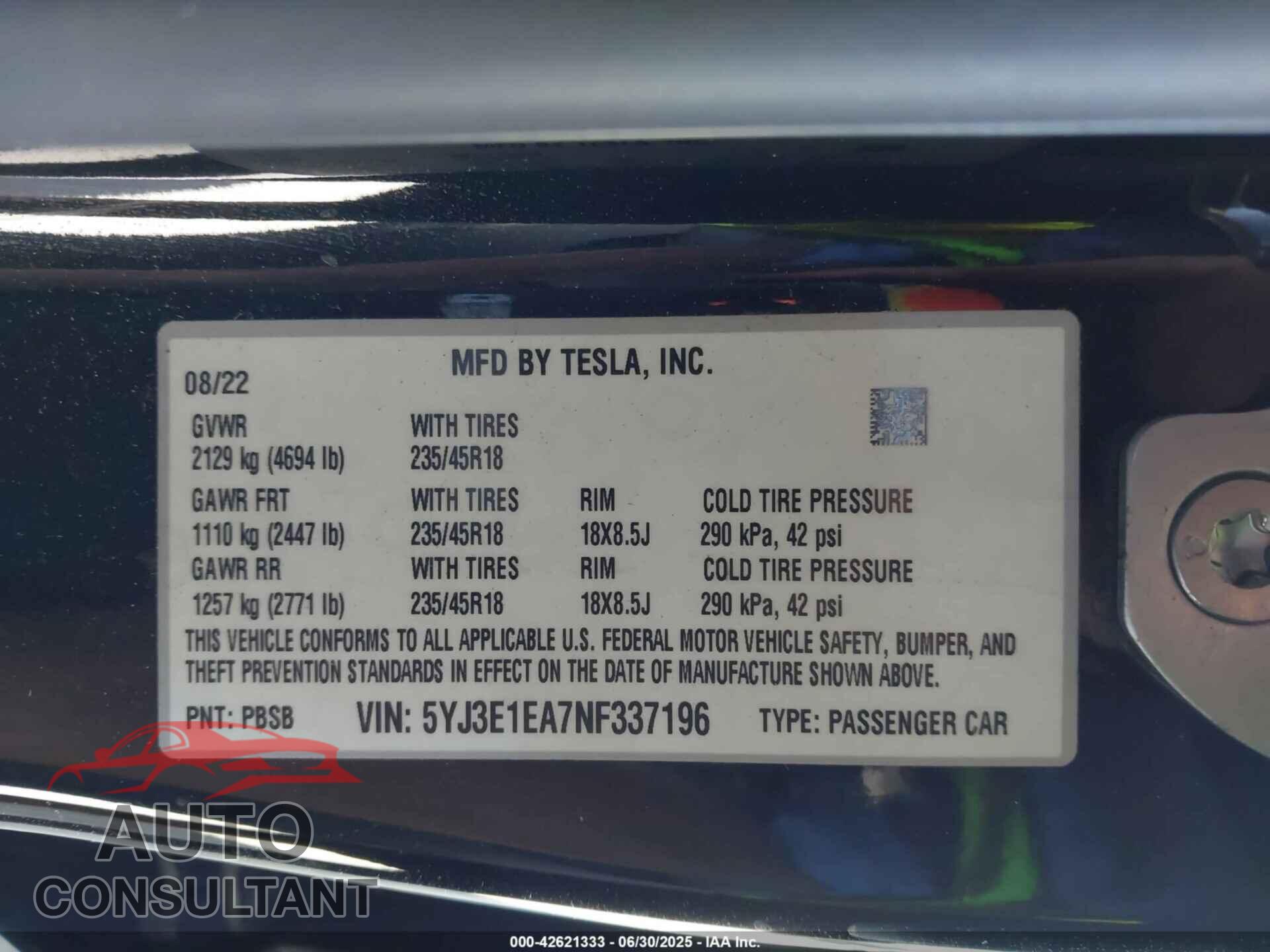 TESLA MODEL 3 2022 - 5YJ3E1EA7NF337196