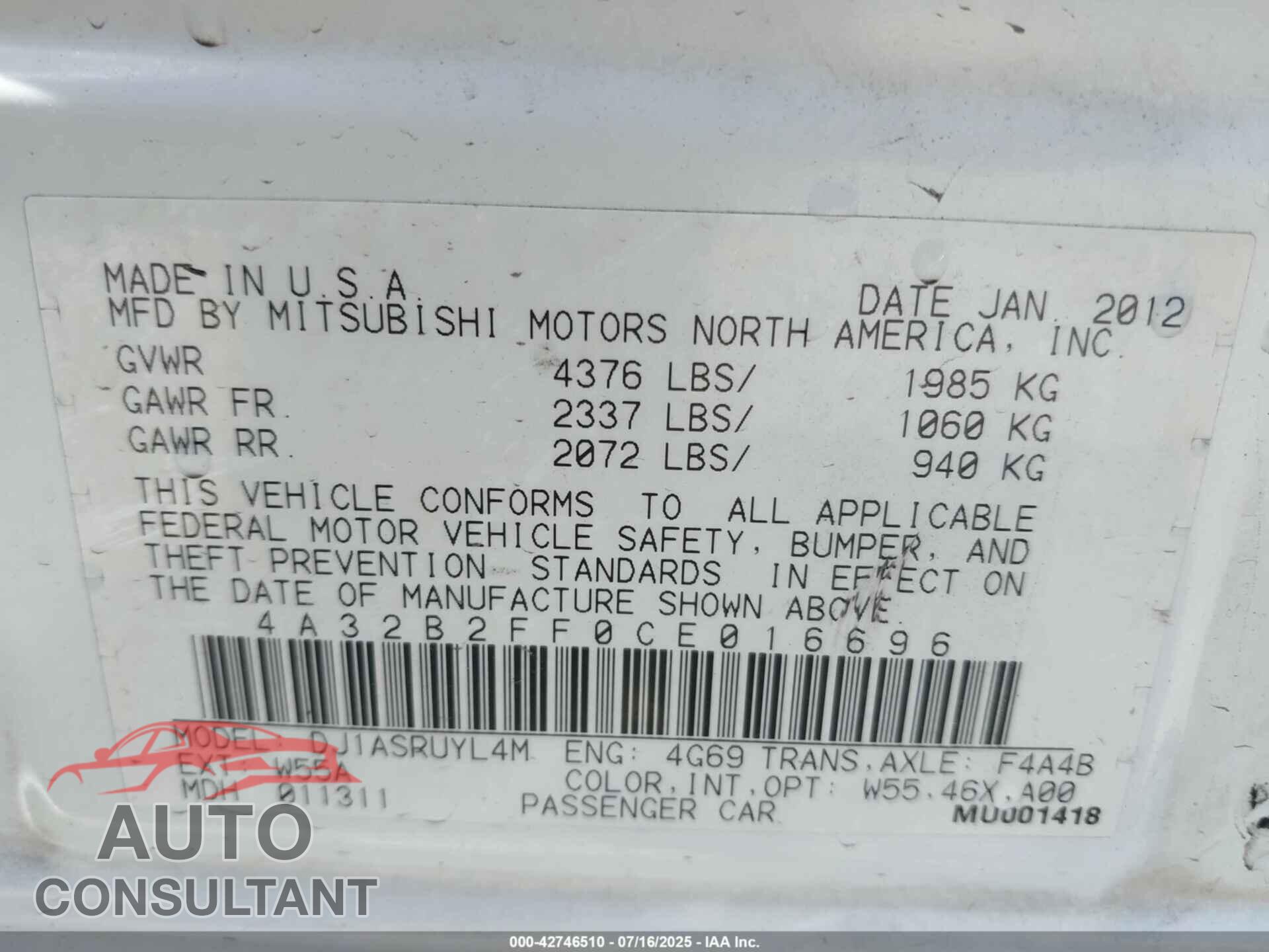 MITSUBISHI GALANT 2012 - 4A32B2FF0CE016696