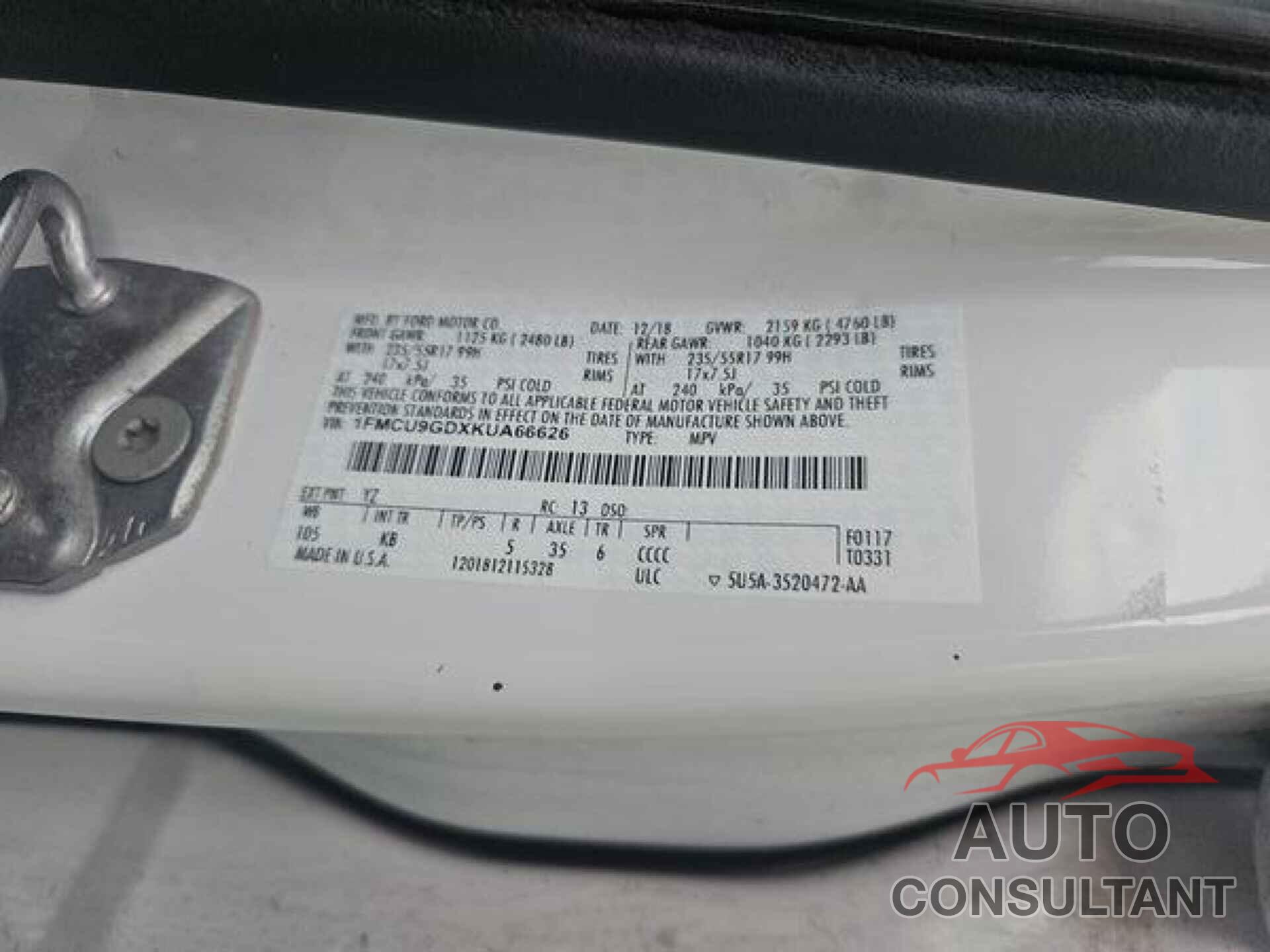 FORD ESCAPE 2019 - 1FMCU9GDXKUA66626
