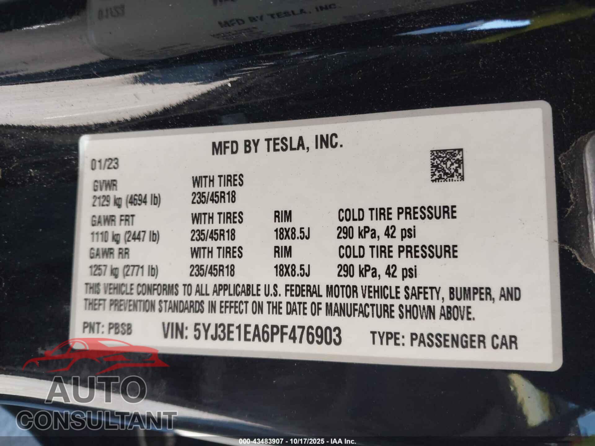 TESLA MODEL 3 2023 - 5YJ3E1EA6PF476903