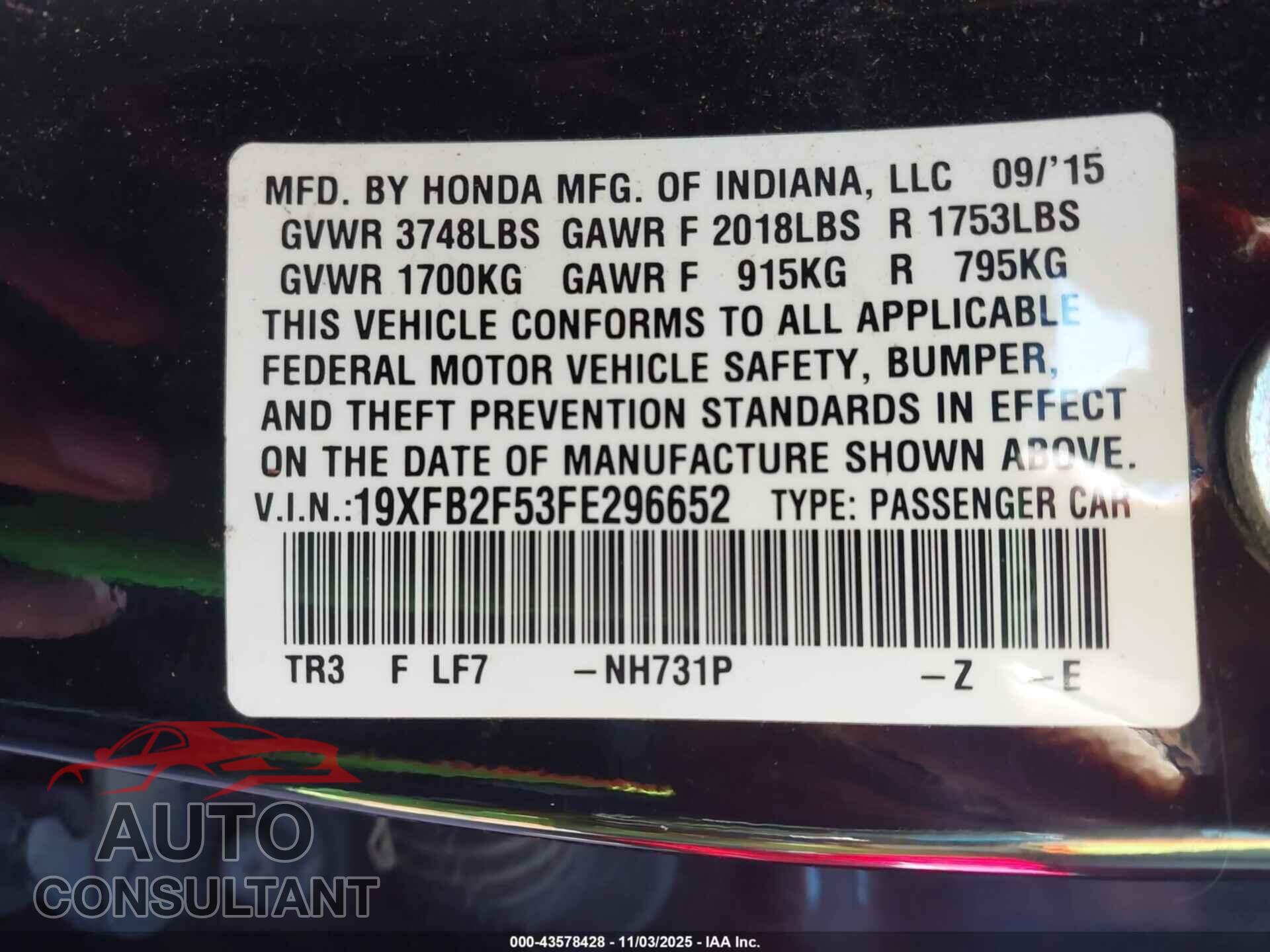 HONDA CIVIC 2015 - 19XFB2F53FE296652