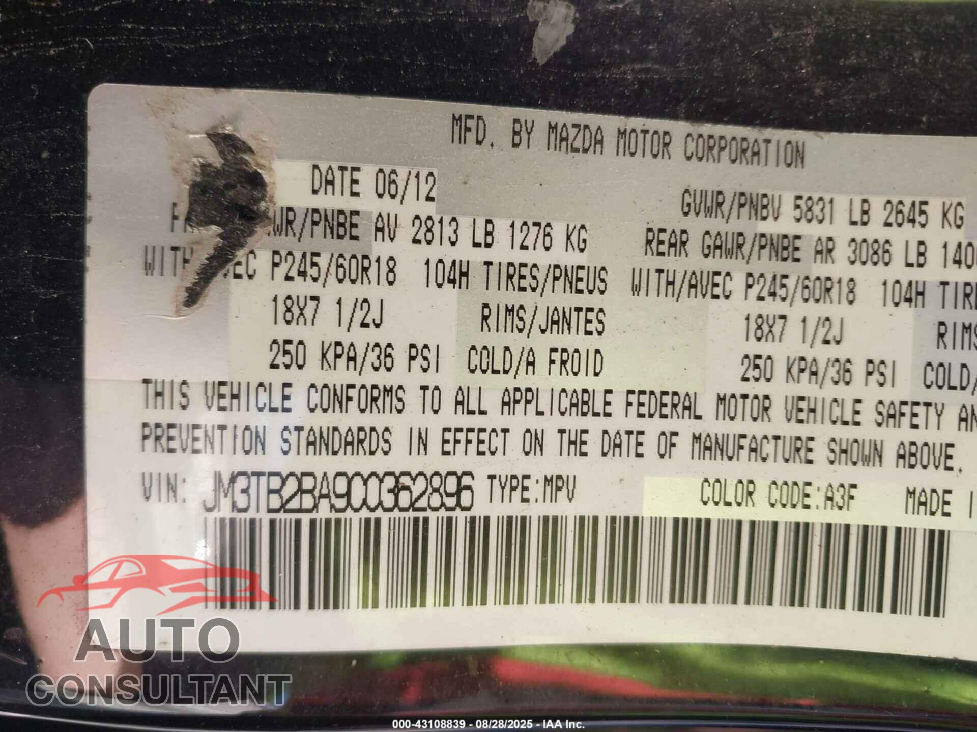 MAZDA CX-9 2012 - JM3TB2BA9C0362896