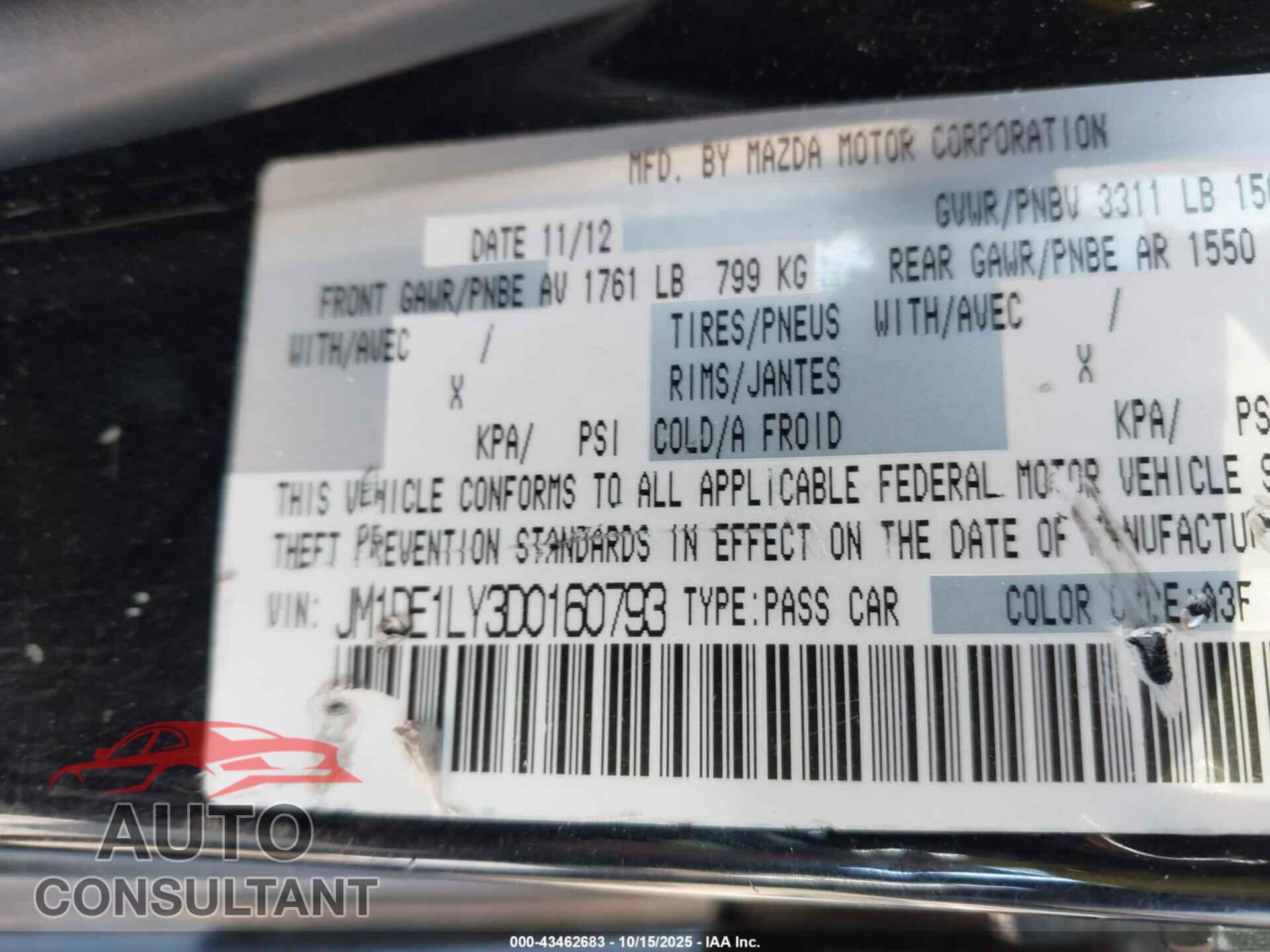 MAZDA MAZDA2 2013 - JM1DE1LY3D0160793