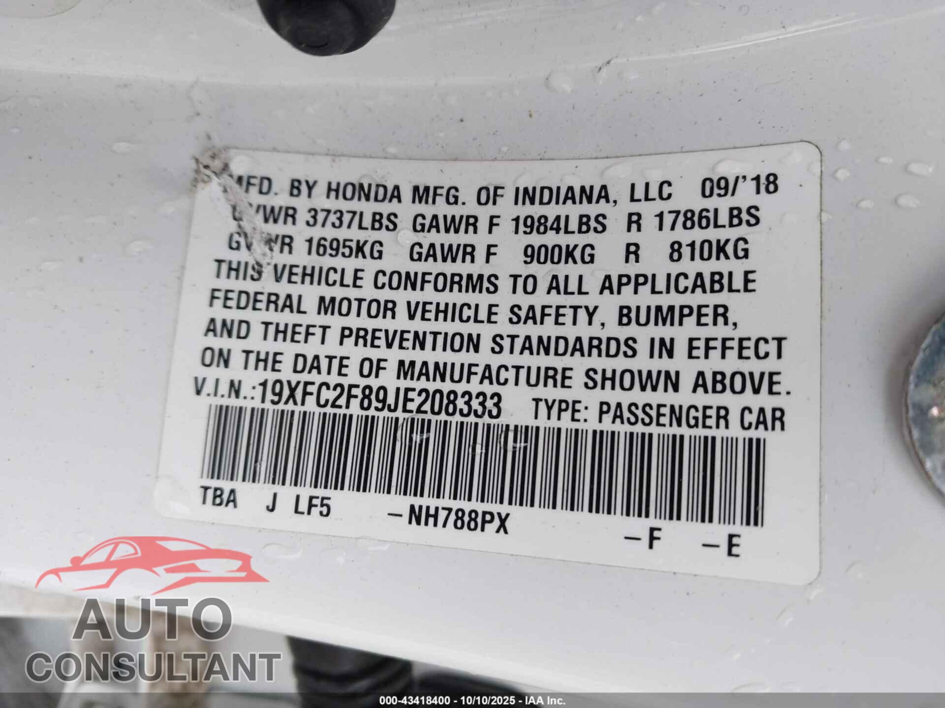 HONDA CIVIC 2018 - 19XFC2F89JE208333
