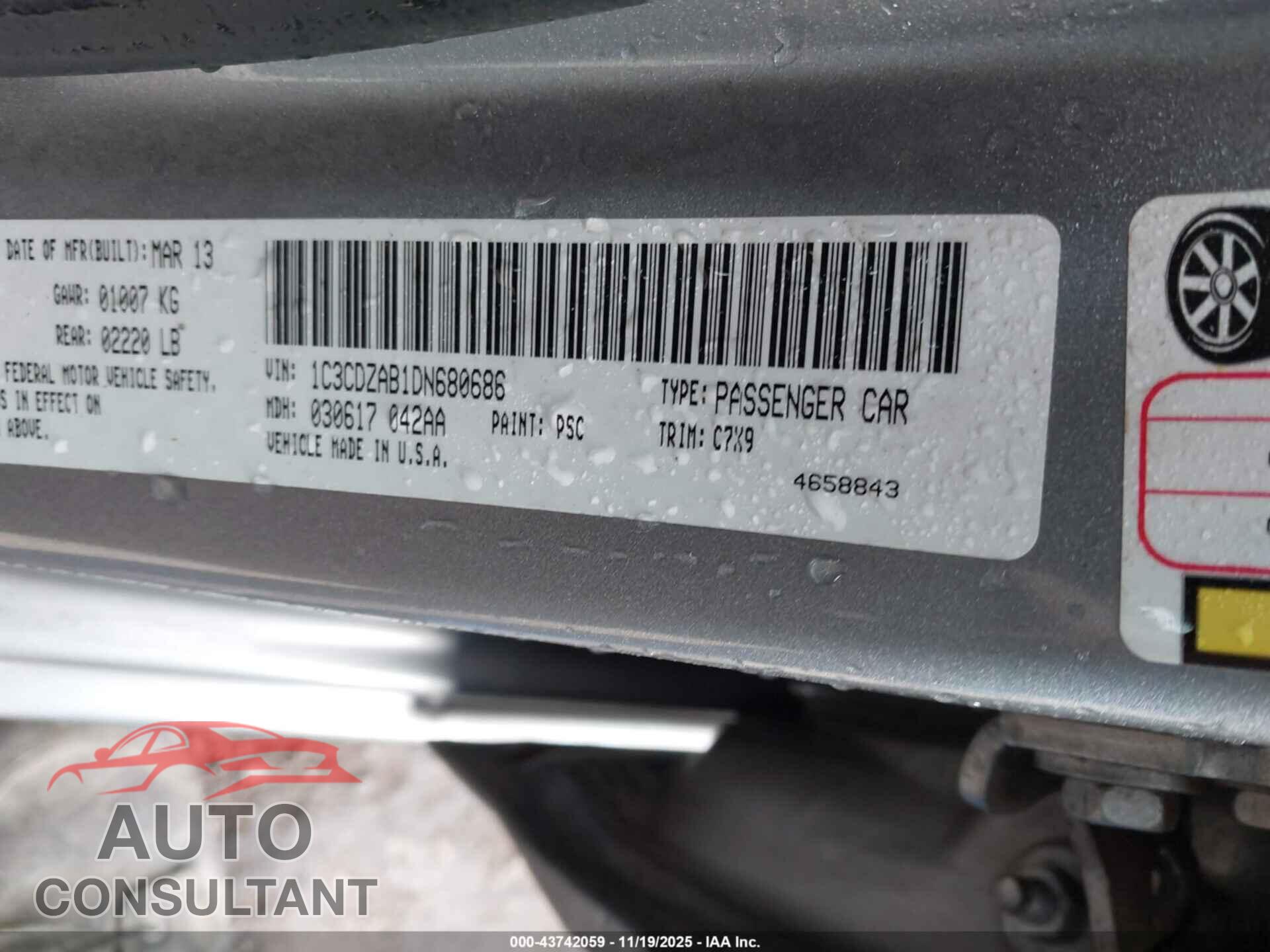 DODGE AVENGER 2013 - 1C3CDZAB1DN680686