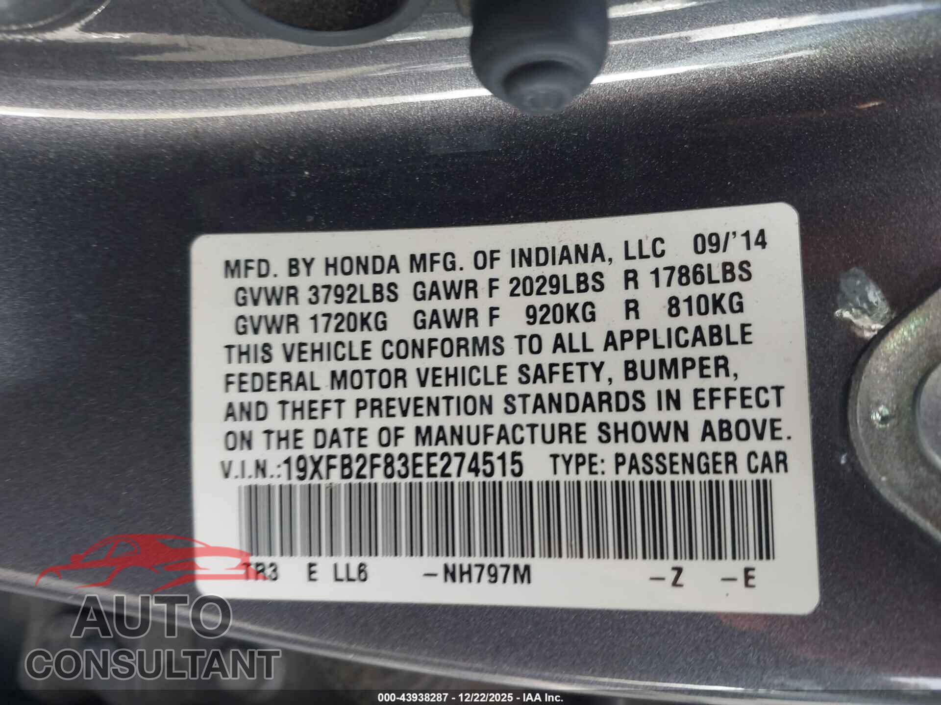 HONDA CIVIC 2014 - 19XFB2F83EE274515