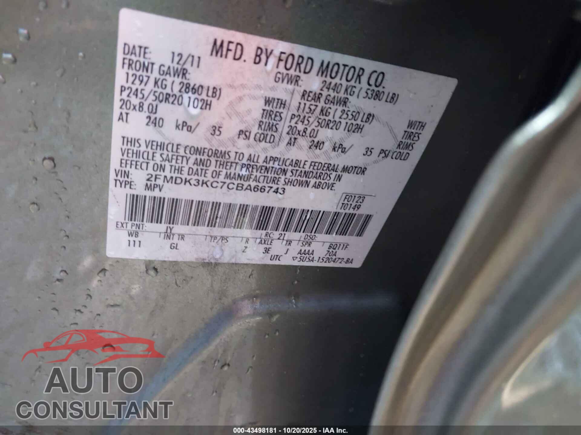 FORD EDGE 2012 - 2FMDK3KC7CBA66743