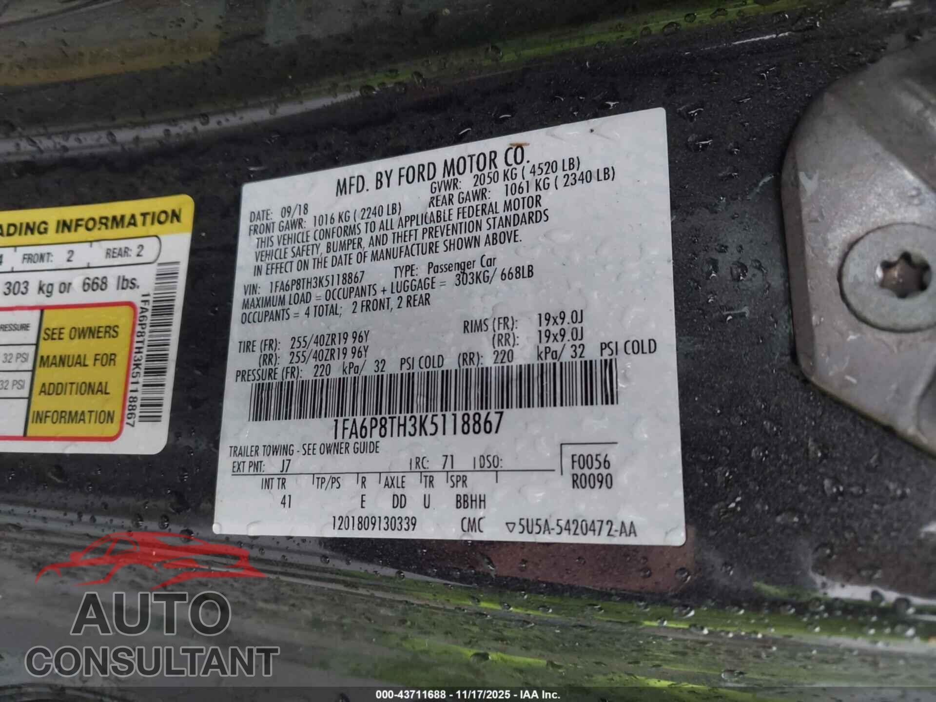 FORD MUSTANG 2019 - 1FA6P8TH3K5118867