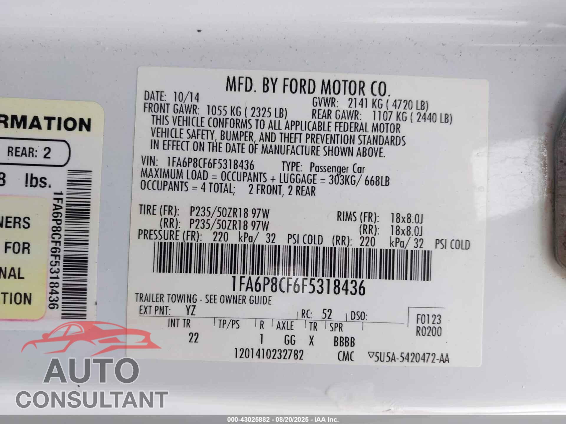 FORD MUSTANG 2015 - 1FA6P8CF6F5318436
