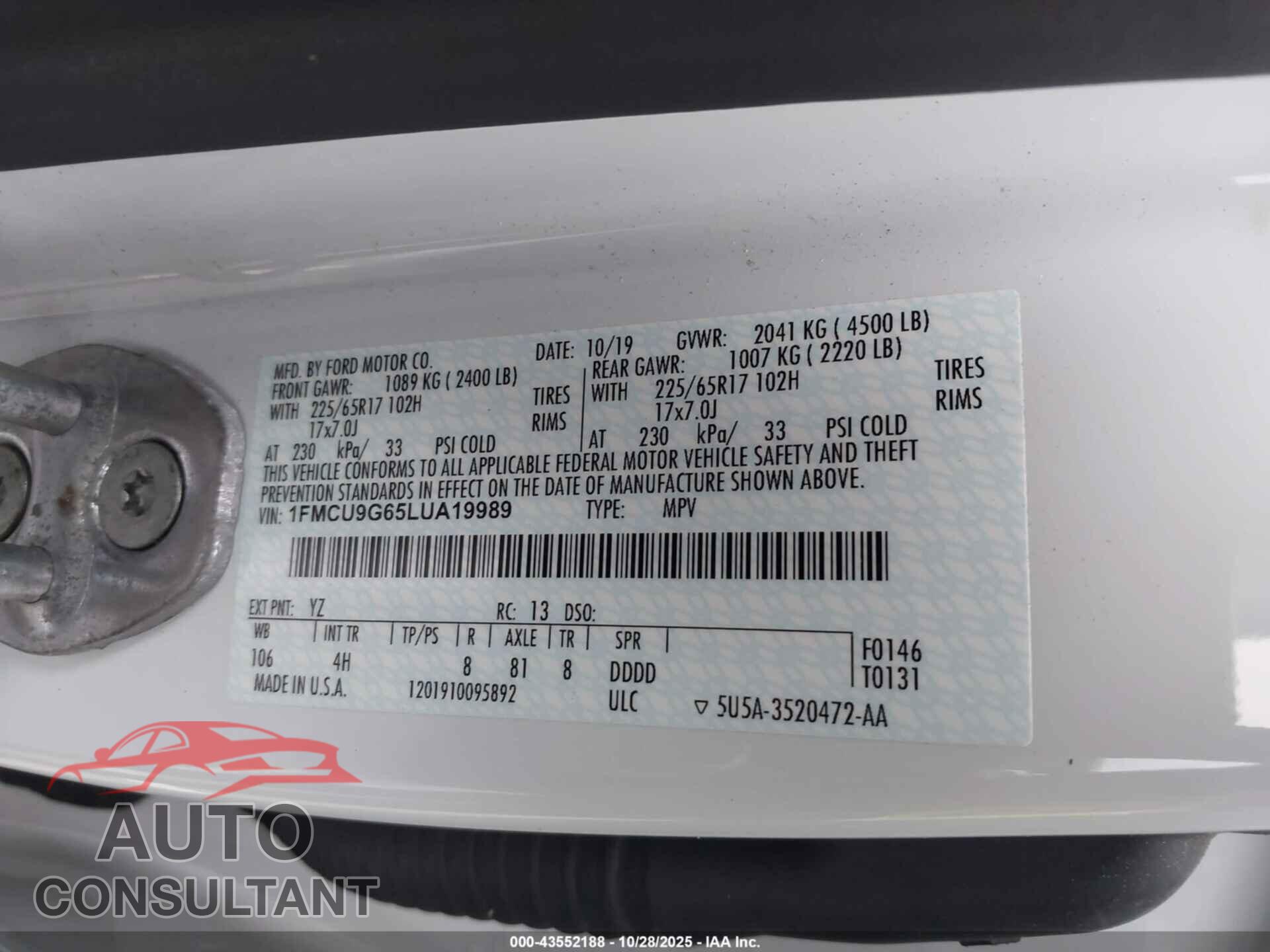 FORD ESCAPE 2020 - 1FMCU9G65LUA19989