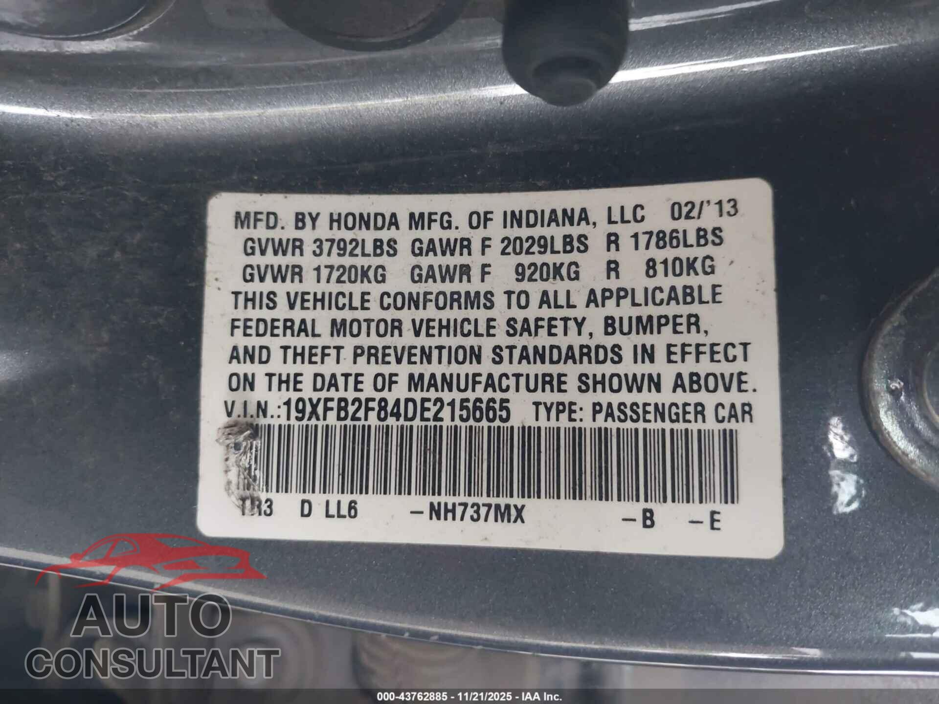 HONDA CIVIC 2013 - 19XFB2F84DE215665